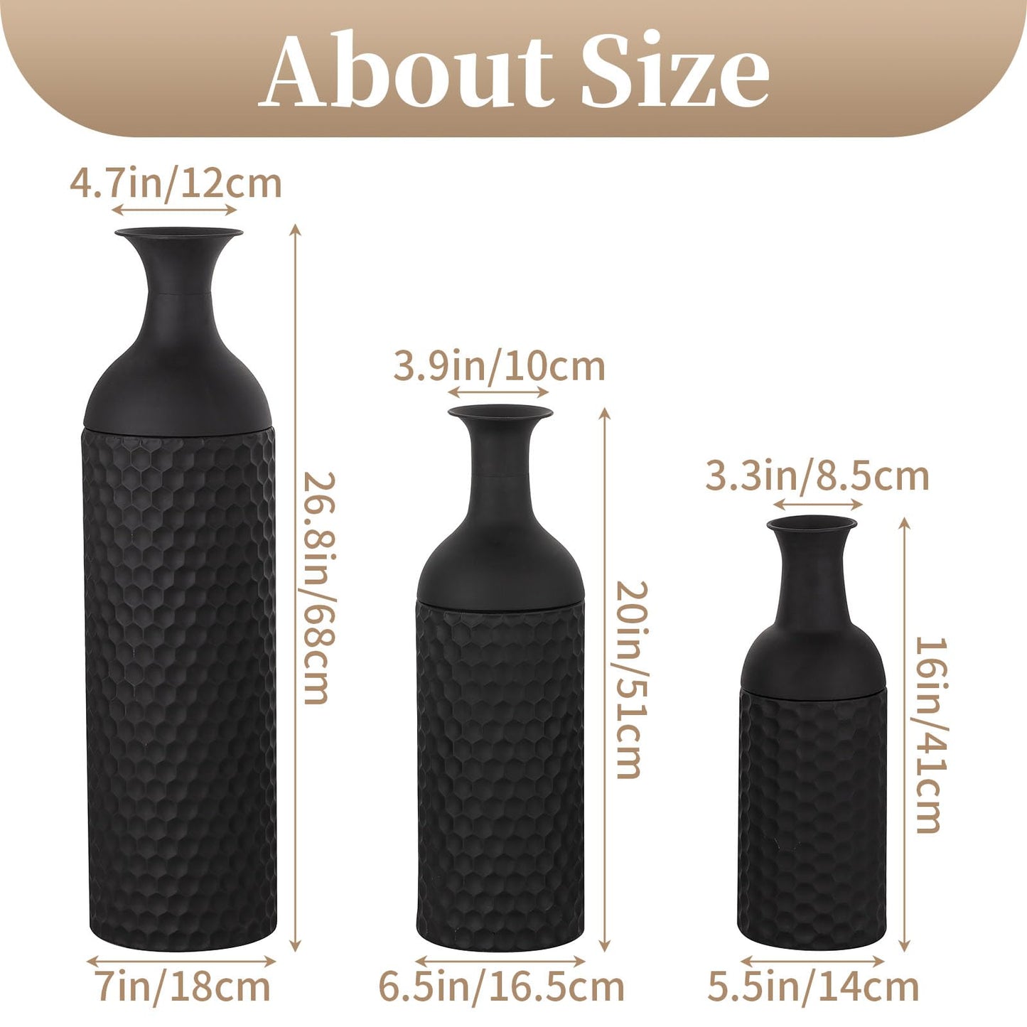 Sziqiqi Large Black Vases Tall 27inch - Metal Floor Standing Vase Set of 3 Modern Honeycomb Texture Big Standing Vase for Living Room Dining Bedroom Home Corner Hallway Indoor Office