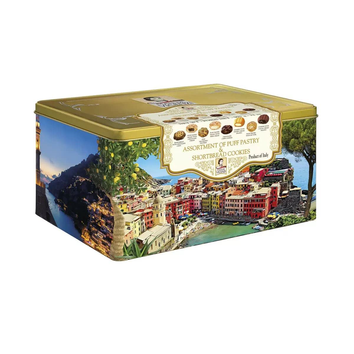 Matilde Vicenzi Roma Cookie Tin - Italian Pastries & Bakery Cookies in Individually Wrapped Trays - Bakery Dessert Gifts - Puff Pastry, Assorted Cookies in Italian Design Gift Tin 32oz (907g)