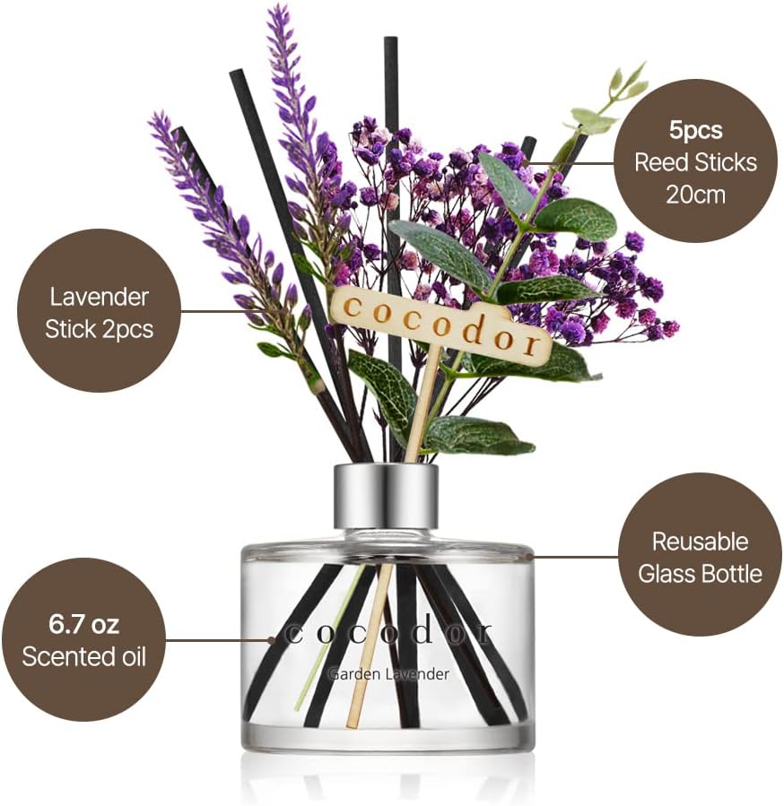COCODOR Flower Reed Diffuser Set / 6.7oz / White Jasmine/Scent Diffuser with Sticks Home Fragrance Reed Diffuser for Bathroom Shelf Decor