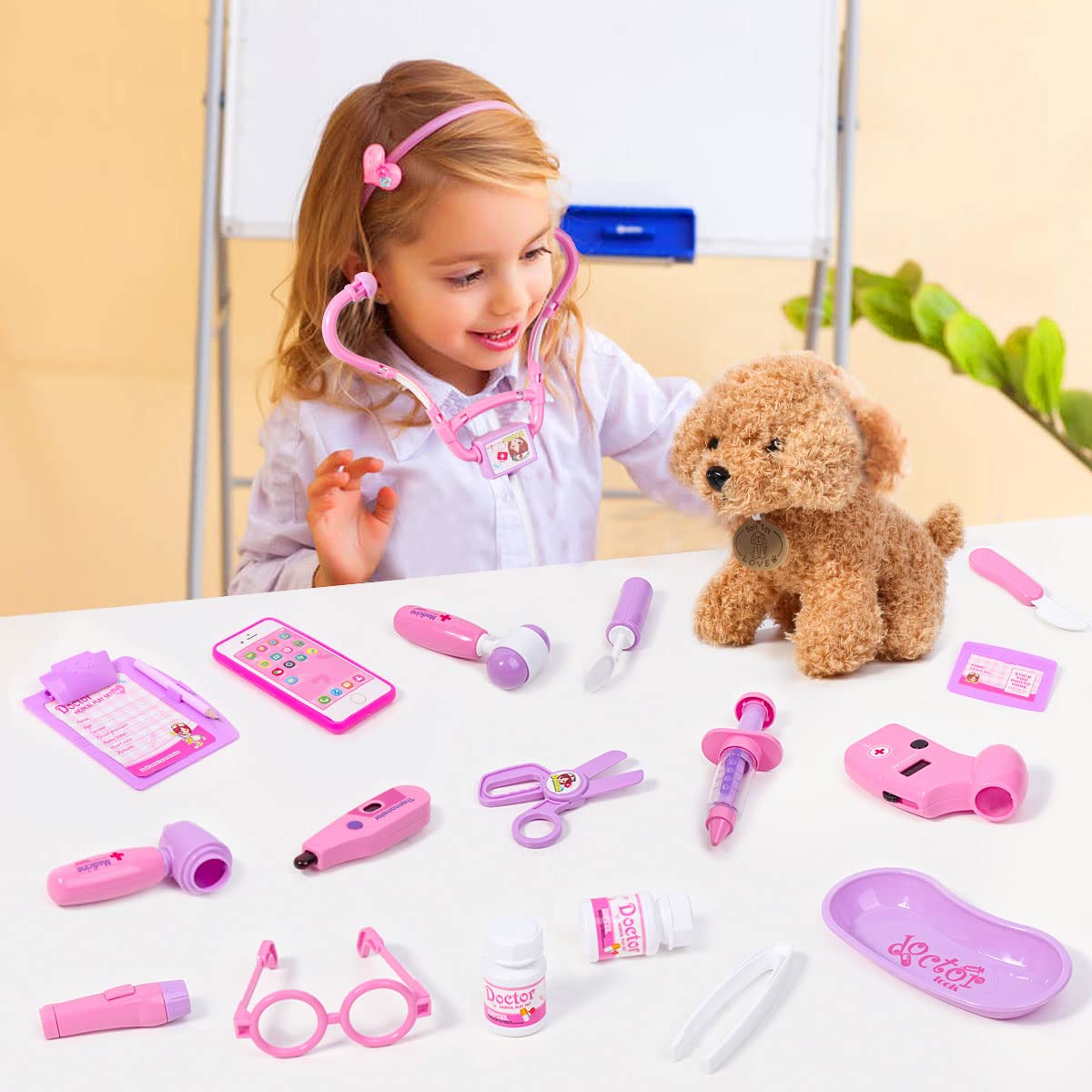 Meland Arzt-Spielzeugset für Mädchen – Arzt-Spielset mit Hundespielzeug, Tragetasche, Stethoskop-Spielzeug und Verkleidungskostüm – Arzt-Spielgeschenk für Kinder im Alter von 3 4 5 6 Jahren für Rollenspiele