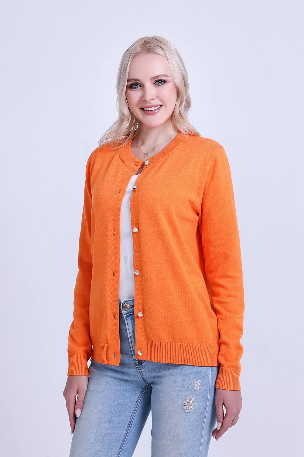 SMILING PINKER Women Cardigan Sweater Crewneck Pearl Button Knitted Tops Medium Weight