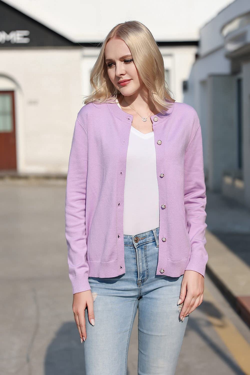 SMILING PINKER Women Cardigan Sweater Crewneck Pearl Button Knitted Tops Medium Weight