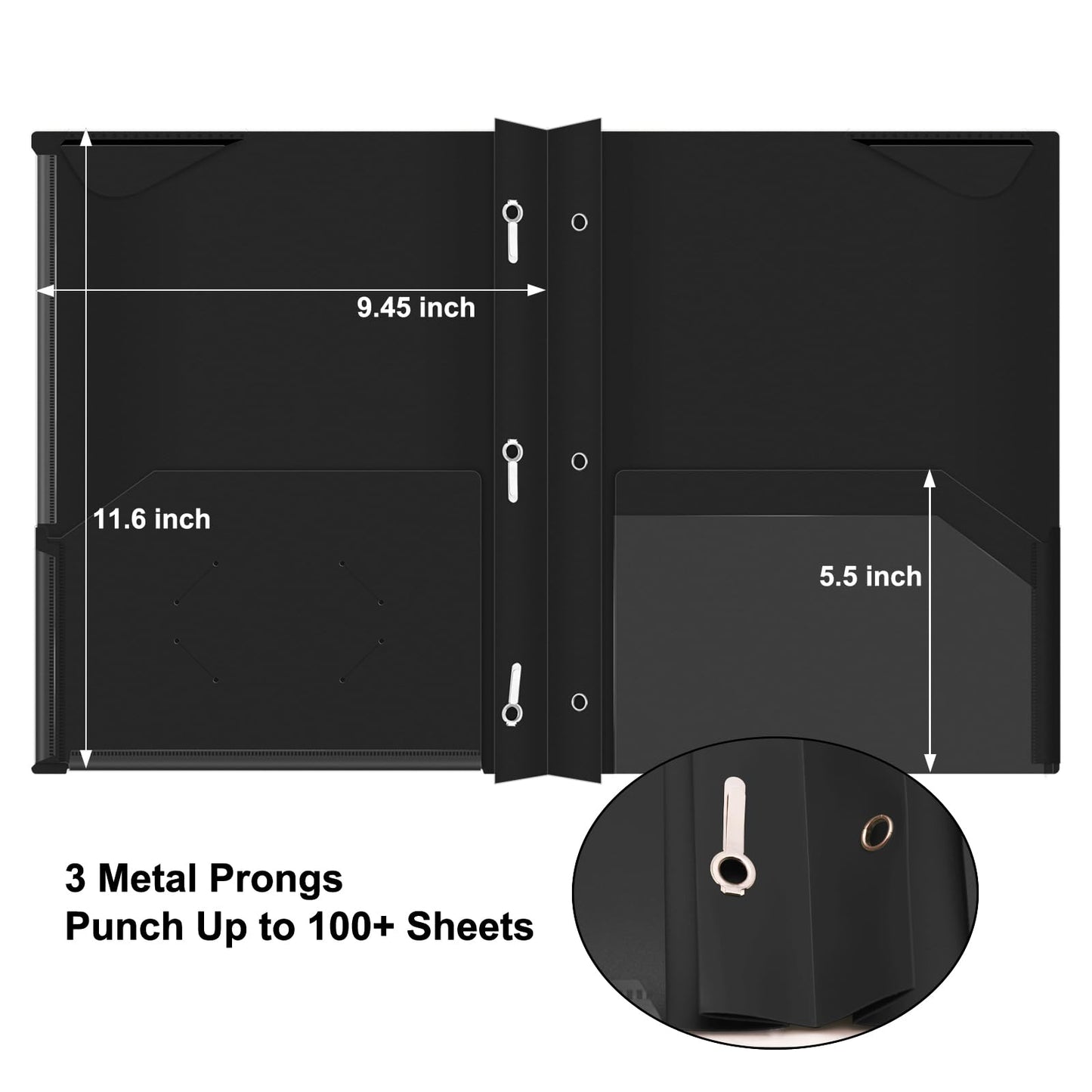 Chemises en plastique épais ViVin avec pochettes et broches, deux poches, poche avant transparente et onglets de maintien, lot de 6, pour papier au format lettre US, pour l'école et le bureau - Blanc