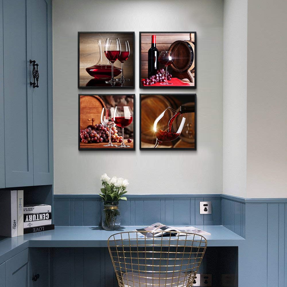 TTHYUEWS Canvas Wall Art For Kitchen Dining Room Wall Decor Wine Glass Wall Painting Still Life Wine Fruit Goblet Frame Wall Pictures Prints Artwork Bar Restaurant Decoration Home Decor 4 Piece Set