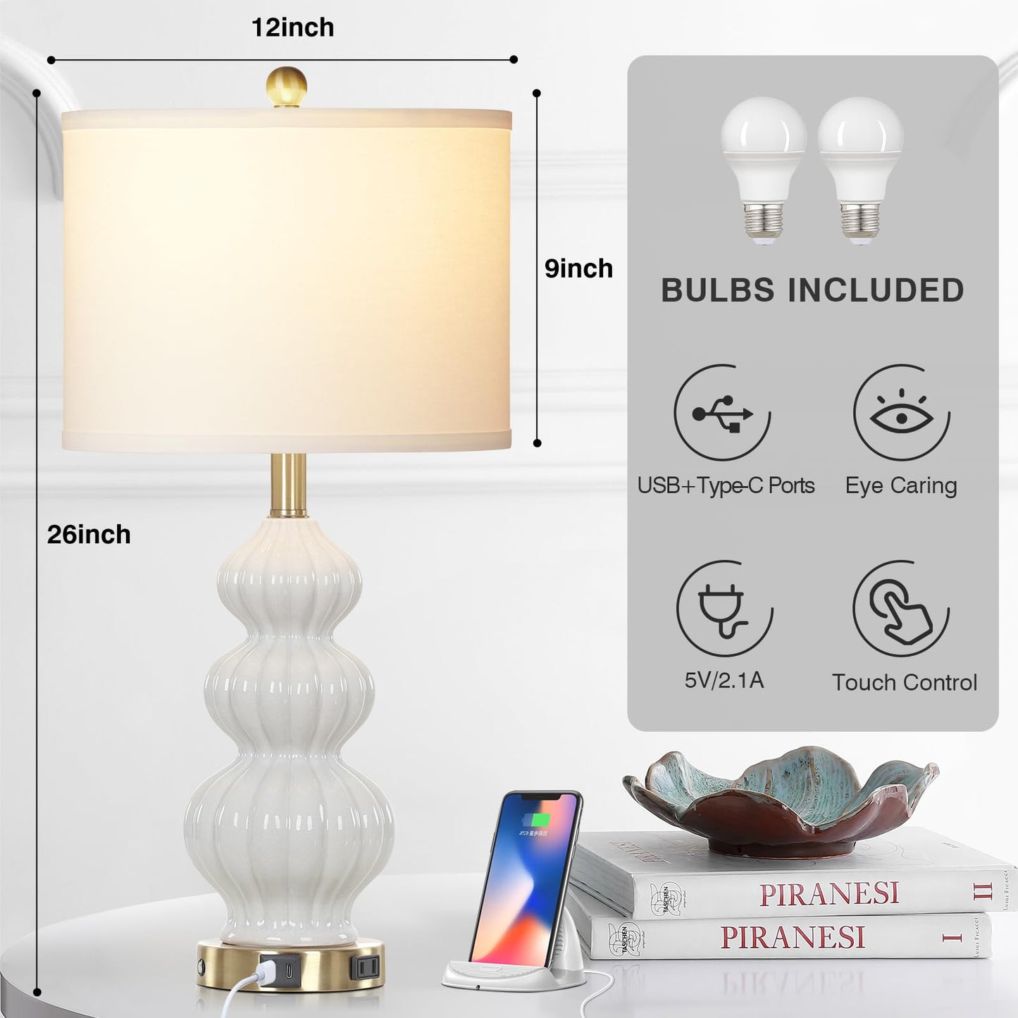 27-Zoll-Tischlampen aus Glas, 2er-Set mit Nachtlicht, moderne Nachttischlampen mit 3-Wege-Touch-Steuerung, USB-A+C-Anschlüssen und AC-Steckdose, gelbe Nachttischlampen im Boho-Stil für das Wohnzimmer im Schlafzimmer