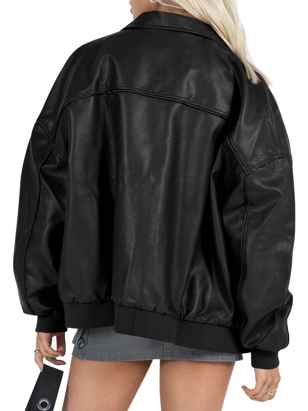 Tankaneo Womens Faux Leather Jackets Oversized Bomber Casual Fall Fashion Zip Up Moto Biker Coats