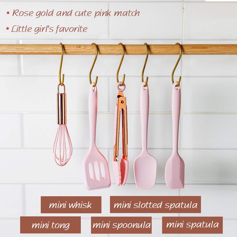 Mini-Küchenhelfer in Roségold und Grau, kleines fünfteiliges Set, winzige Küchenwerkzeuge aus Silikon für Kinder, Schneebesen, Spatel, Zange, Löffel und Schlitzspatel zum Kochen (Backzubehör für Kinder), Grau
