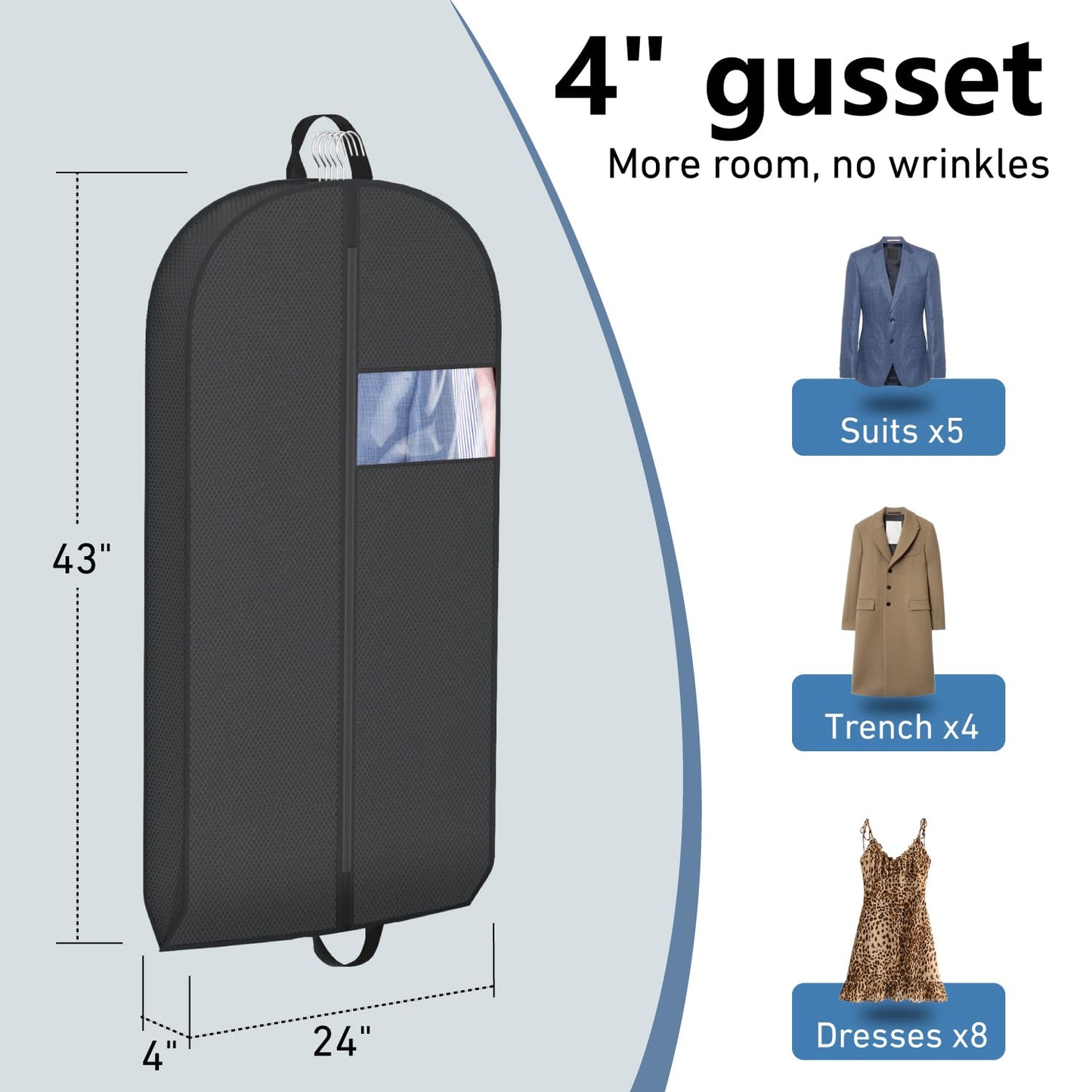 Sacs à vêtements transparents de 50 po pour suspendre des vêtements dans un placard avec soufflets de 4 po, sac de protection pour costumes pour robes, manteaux longs, vestes, pulls, chemises, 3 paquets, noir