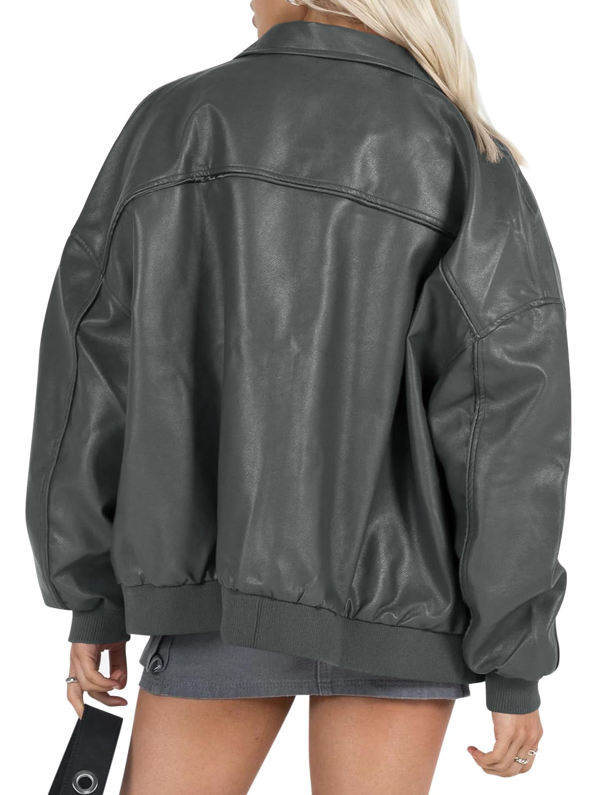 Tankaneo Womens Faux Leather Jackets Oversized Bomber Casual Fall Fashion Zip Up Moto Biker Coats