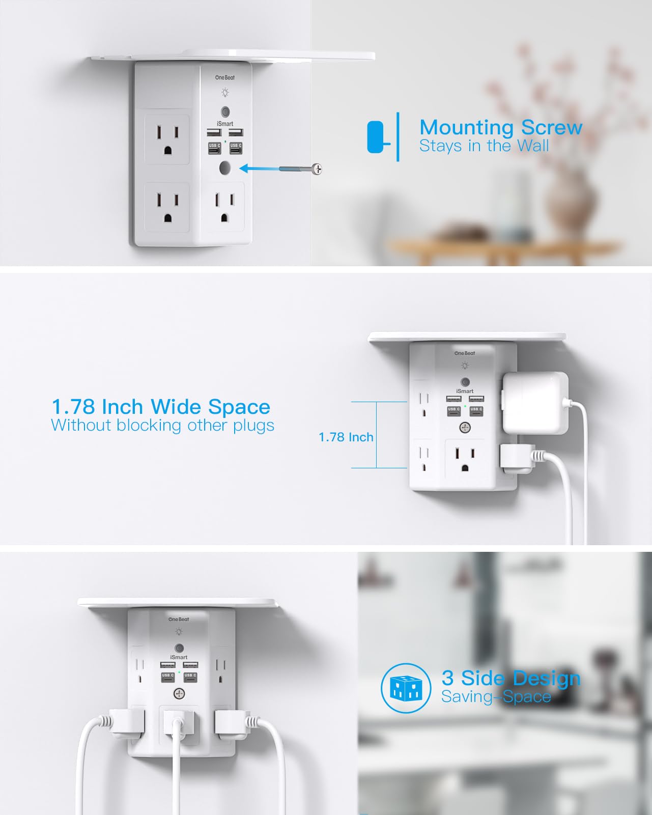 Mehrfachsteckdosen, Wandsteckdosenverlängerung mit Nachtlicht und Steckdosenablage, Überspannungsschutz 4 USB-Anschlüsse (2 USB C), USB-Wandladegerät, Steckdosenleiste, Steckdosenverteiler für das Homeoffice