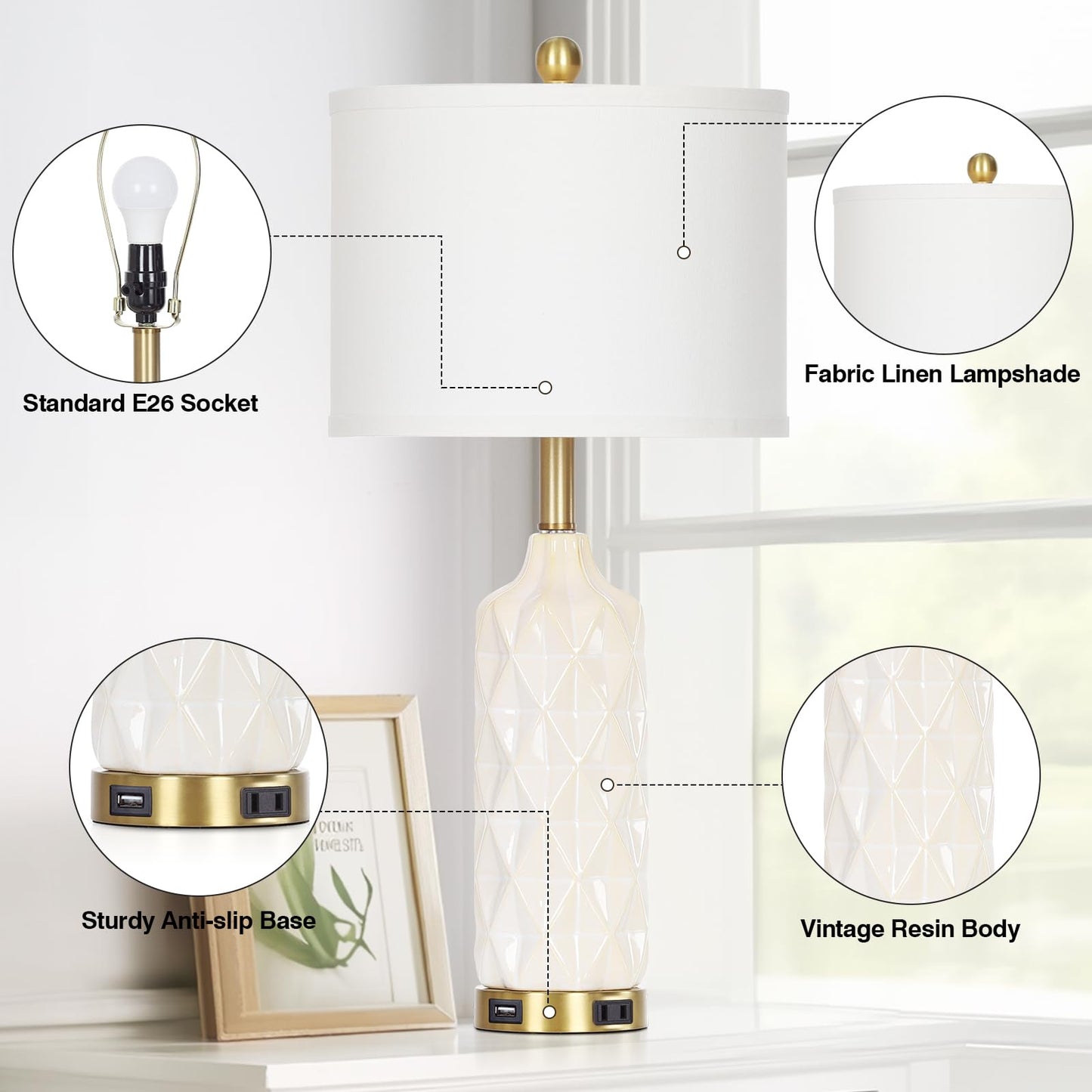 27-Zoll-Tischlampen aus Glas, 2er-Set mit Nachtlicht, moderne Nachttischlampen mit 3-Wege-Touch-Steuerung, USB-A+C-Anschlüssen und AC-Steckdose, gelbe Nachttischlampen im Boho-Stil für das Wohnzimmer im Schlafzimmer