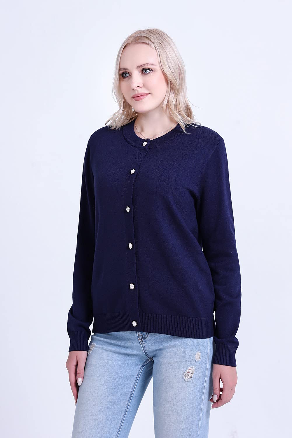 SMILING PINKER Women Cardigan Sweater Crewneck Pearl Button Knitted Tops Medium Weight