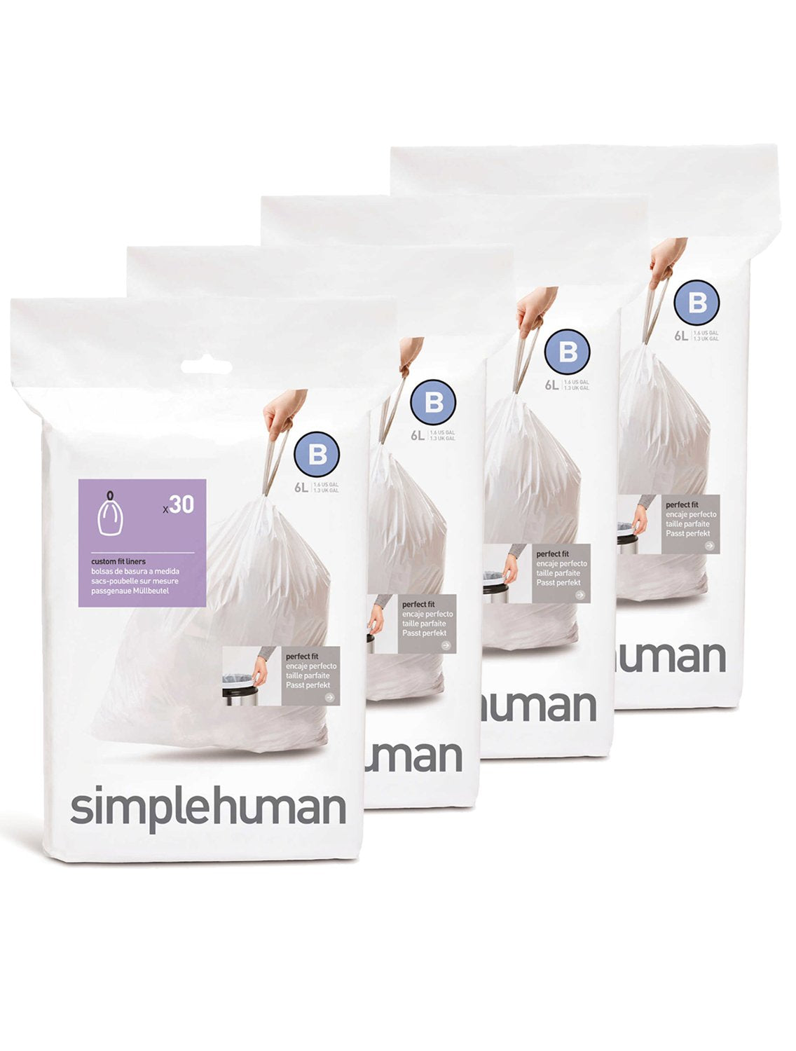 simplehuman Code H 60 Count, Genuine Custom Fit Liners, Drawstring Trash Bags in Dispenser Packs, 30-35 Liter / 8-9.2 Gallon, White