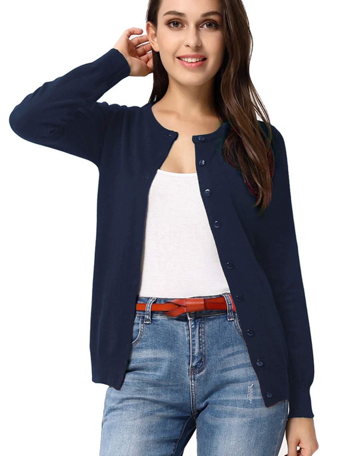 GRACE KARIN Women's Long Sleeve Button Down Crew Neck Classic Sweater Knit Cardigan