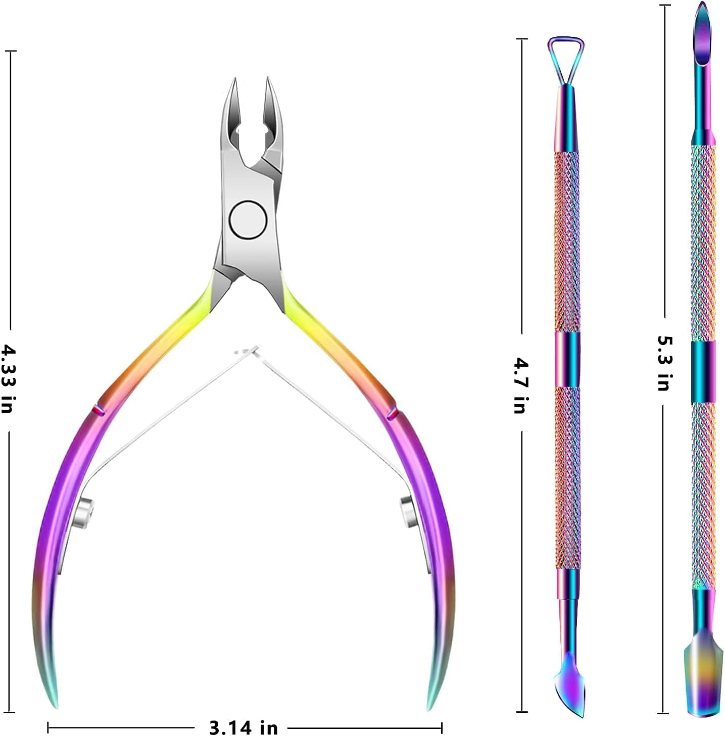 3-Piece Rainbow Cuticle Care Kit – Precision Trimmer, Dual-Head Pusher & Scraper | Surgical-Grade Stainless Steel