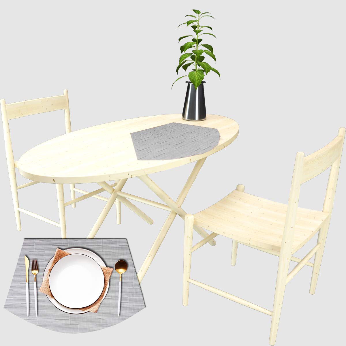 PIGCHCY Keilförmige Tischsets für den Esstisch, kreuzgewebt, waschbares Vinyl-Tischset, hitzebeständig, runde Tischsets, 4er-Set (Silbergrau)