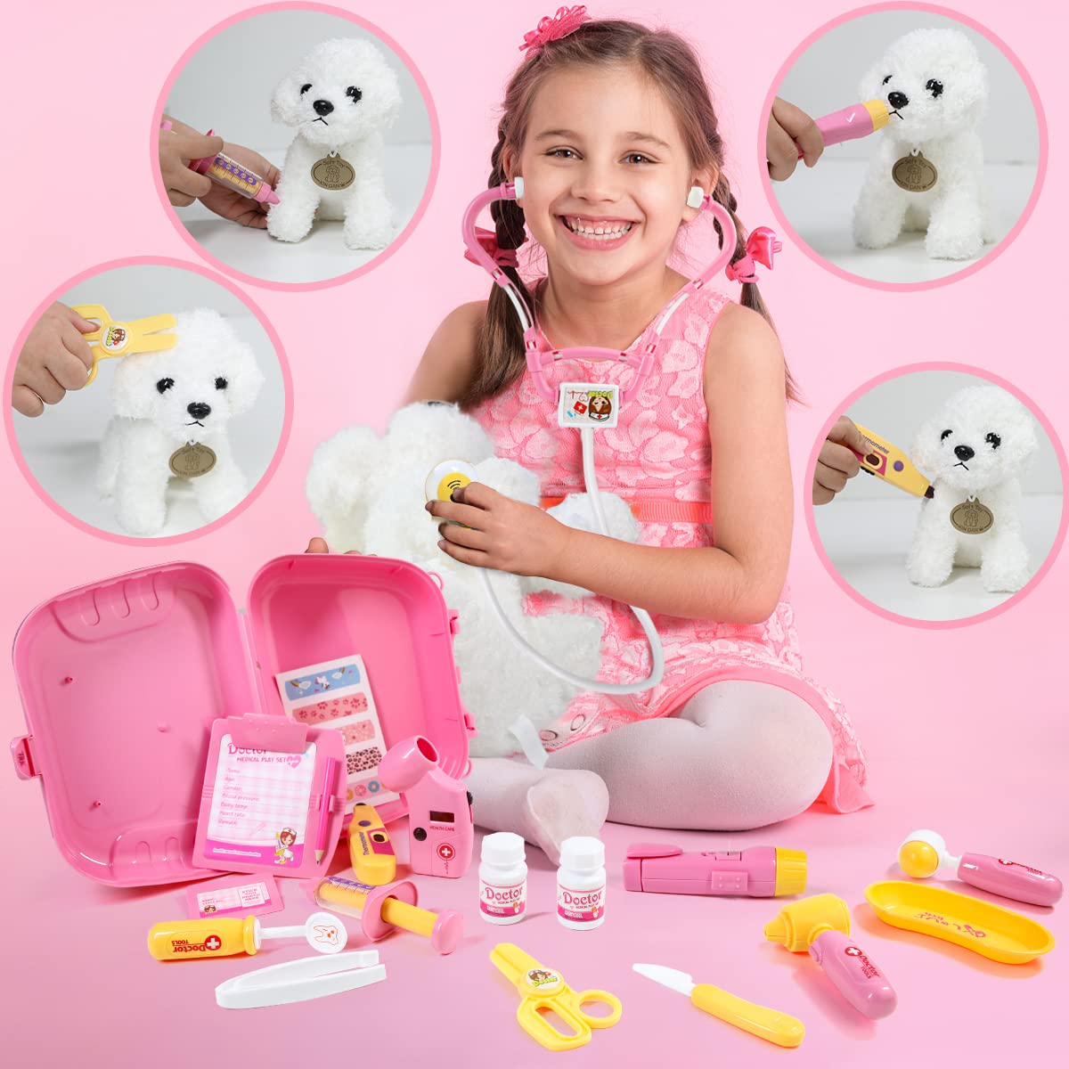 Meland Arzt-Spielzeugset für Mädchen – Arzt-Spielset mit Hundespielzeug, Tragetasche, Stethoskop-Spielzeug und Verkleidungskostüm – Arzt-Spielgeschenk für Kinder im Alter von 3 4 5 6 Jahren für Rollenspiele