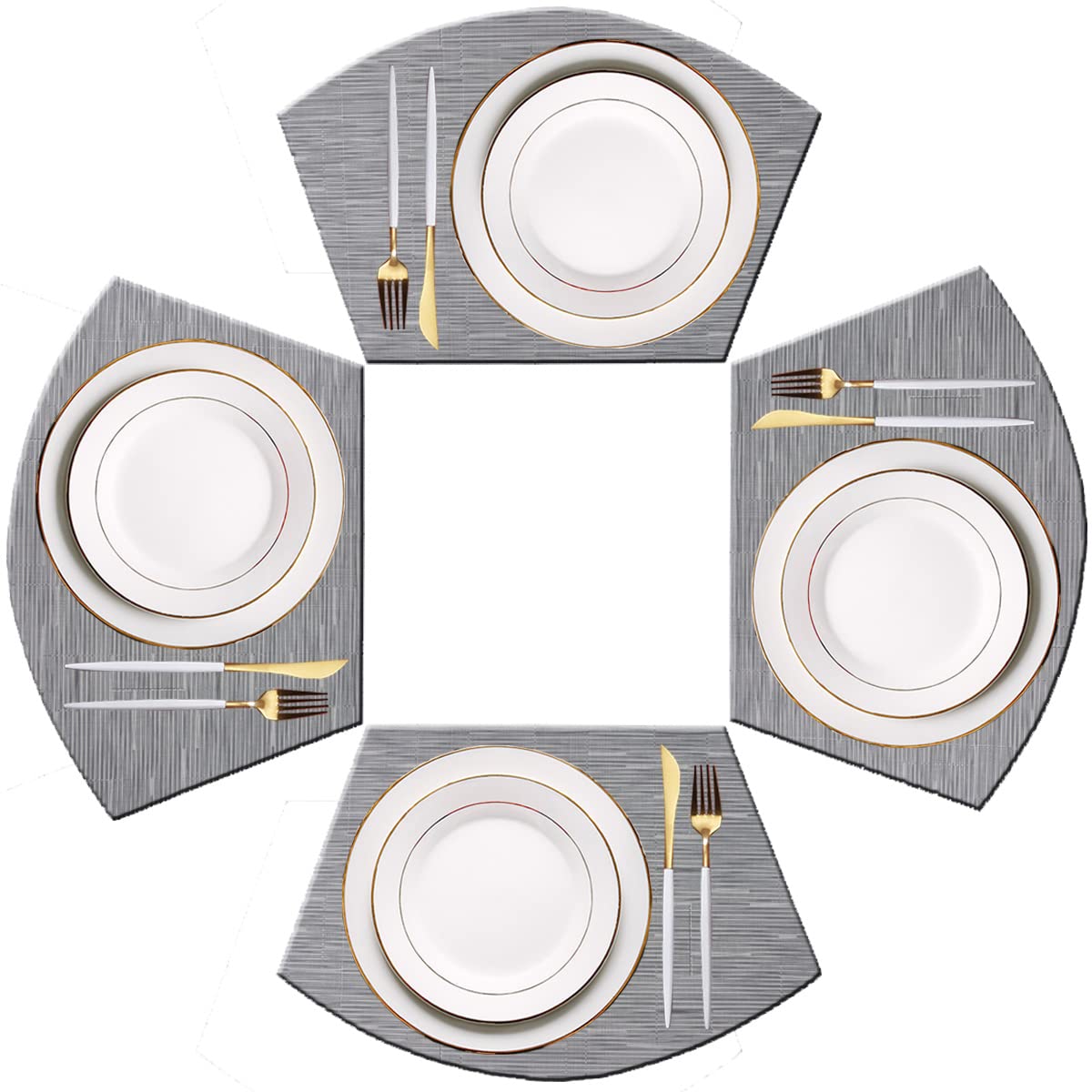 PIGCHCY Keilförmige Tischsets für den Esstisch, kreuzgewebt, waschbares Vinyl-Tischset, hitzebeständig, runde Tischsets, 4er-Set (Silbergrau)