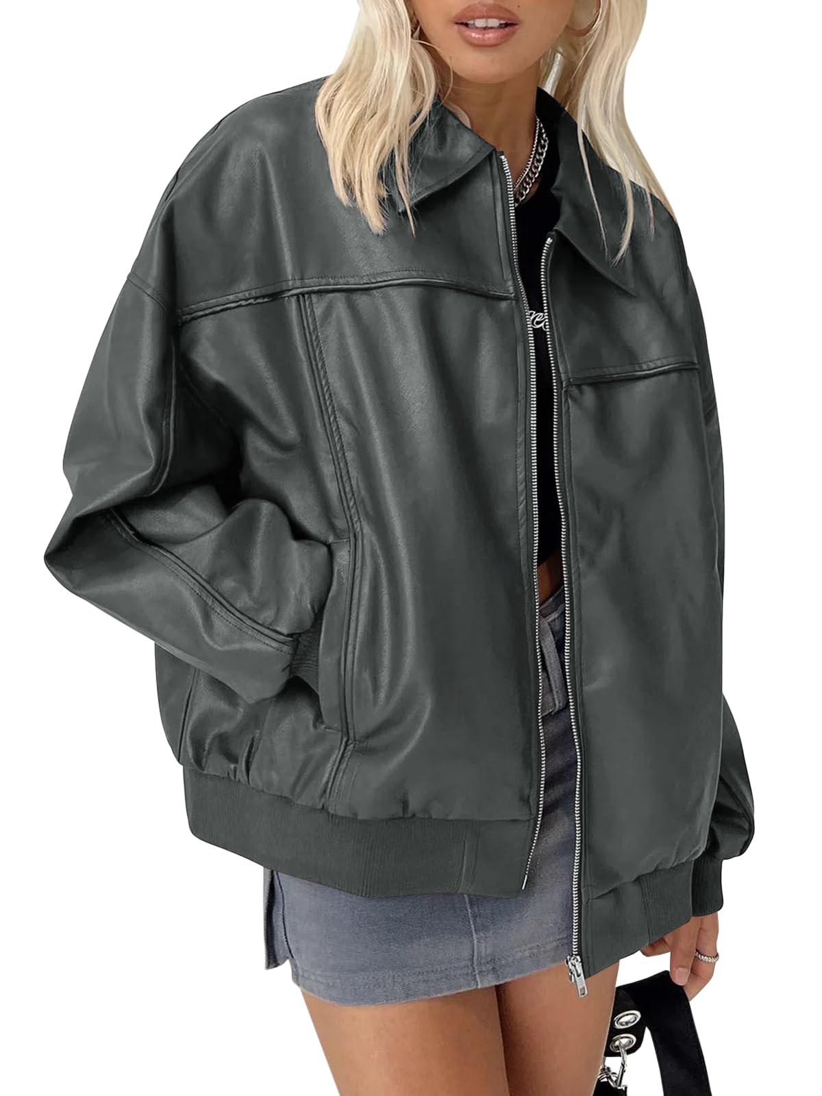 Tankaneo Womens Faux Leather Jackets Oversized Bomber Casual Fall Fashion Zip Up Moto Biker Coats