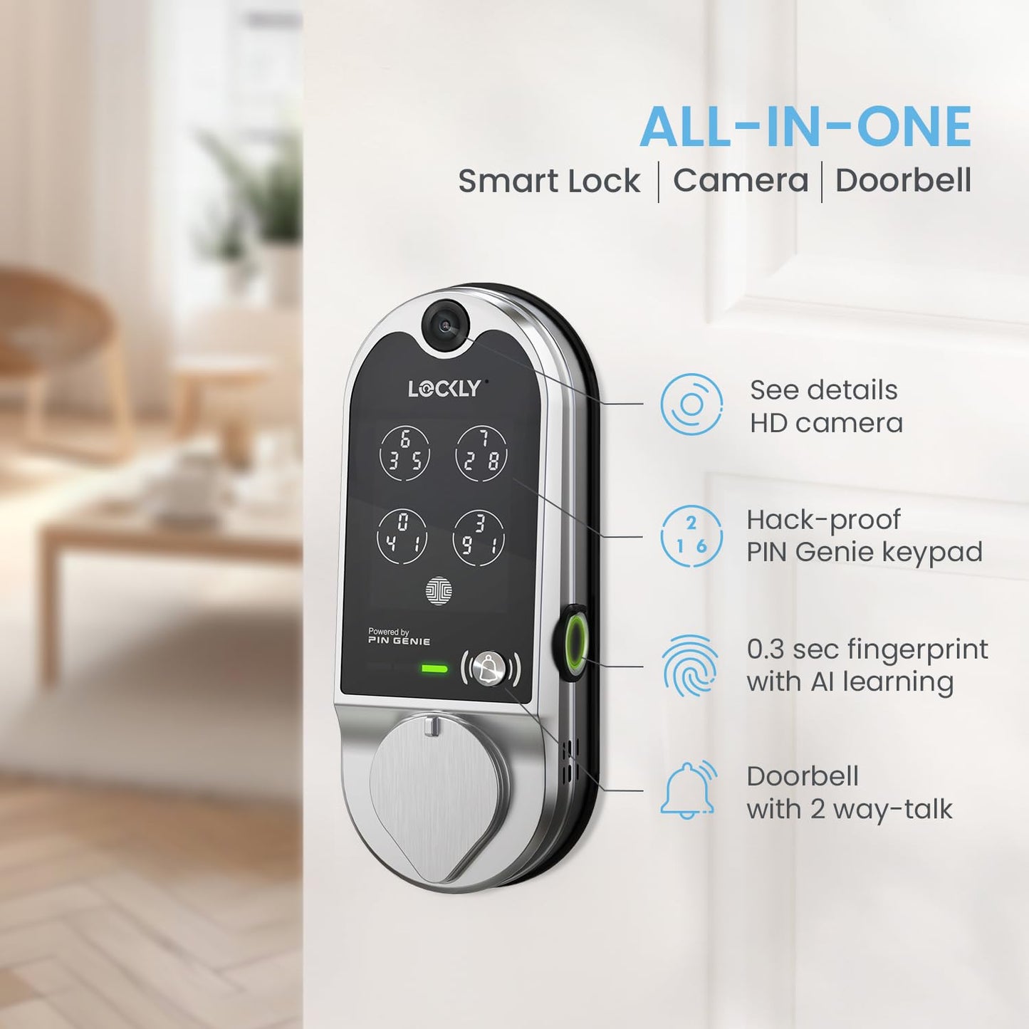 Lockly Vision Smart Lock, HD Video Doorbell Smart Locks for Front Door, Fingerprint Door Lock, Touchscreen Keypad, App Control, No Monthly Fee, Auto Lock - Satin Nickel