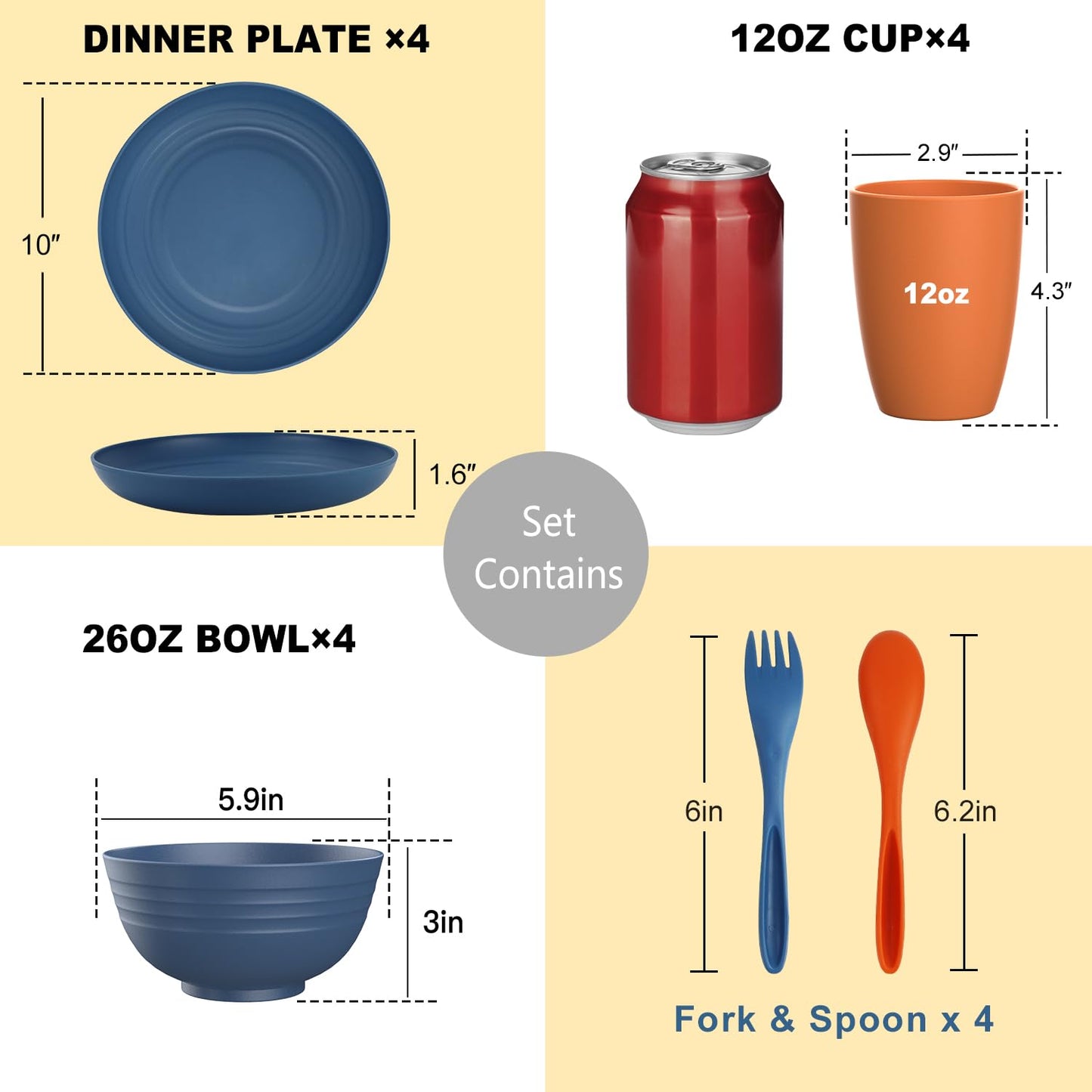 28 Piece Wheat Straw Dinnerware Sets,Dishwasher & Microwave Safe Plates and Bowls Sets - Unbreakable Plastic Dinnerware Sets for 4 Dinner Plates, Cups, Cereal Bowls - Colorful Series