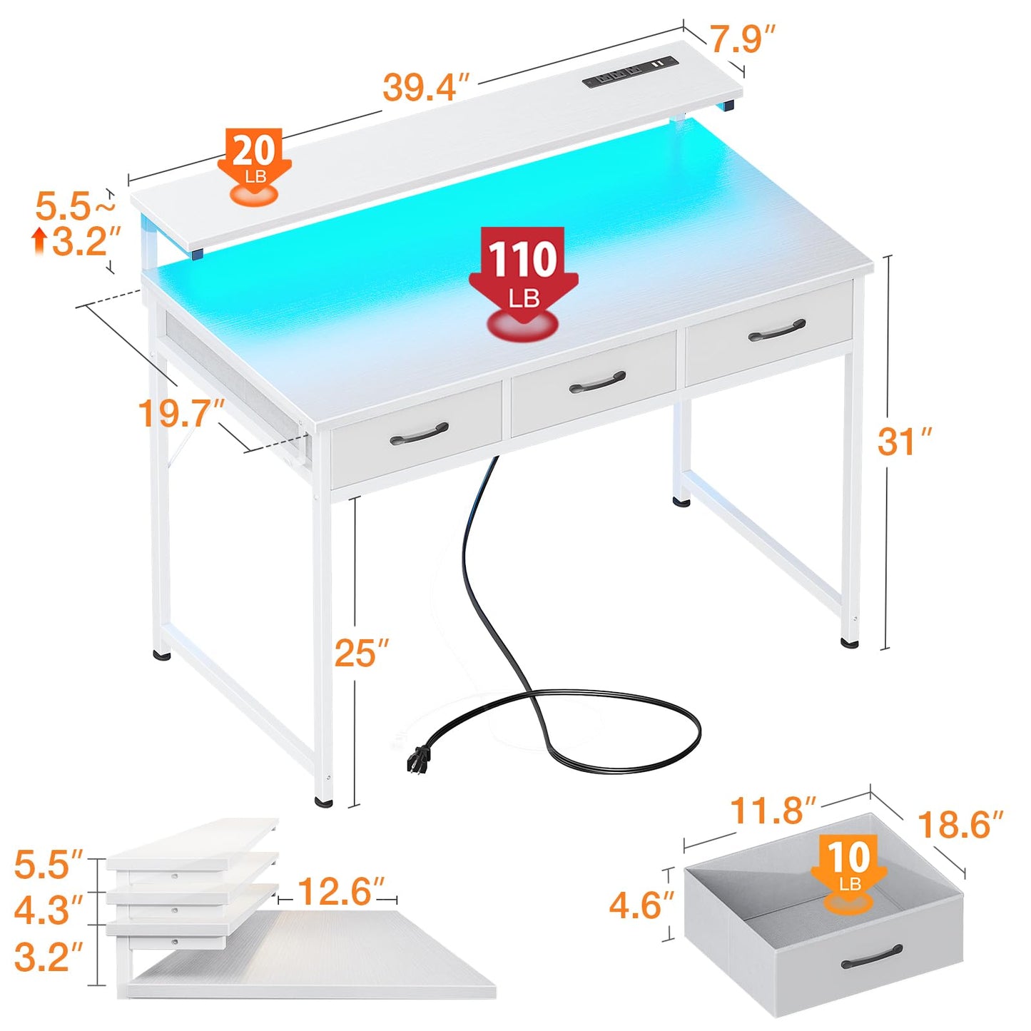 ODK 54-Zoll-Computertisch mit 3 Schubladen und USB-Steckdosen, Home-Office-Schreibtische mit LED-Leuchten und verstellbarem Monitorständer, Arbeiten von zu Hause, moderner Arbeits-/Schreib-/Studiertisch für Schlafzimmer, Schwarz