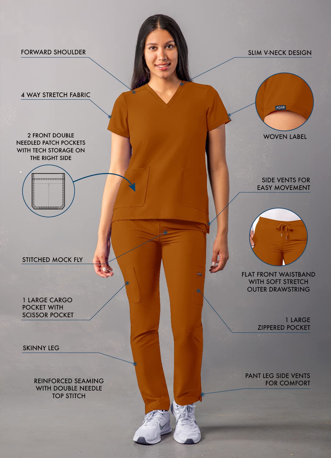 Ensemble de gommage Adar Addition Go-Basic pour femme - Haut de gommage slim à col en V et pantalon de gommage cargo skinny