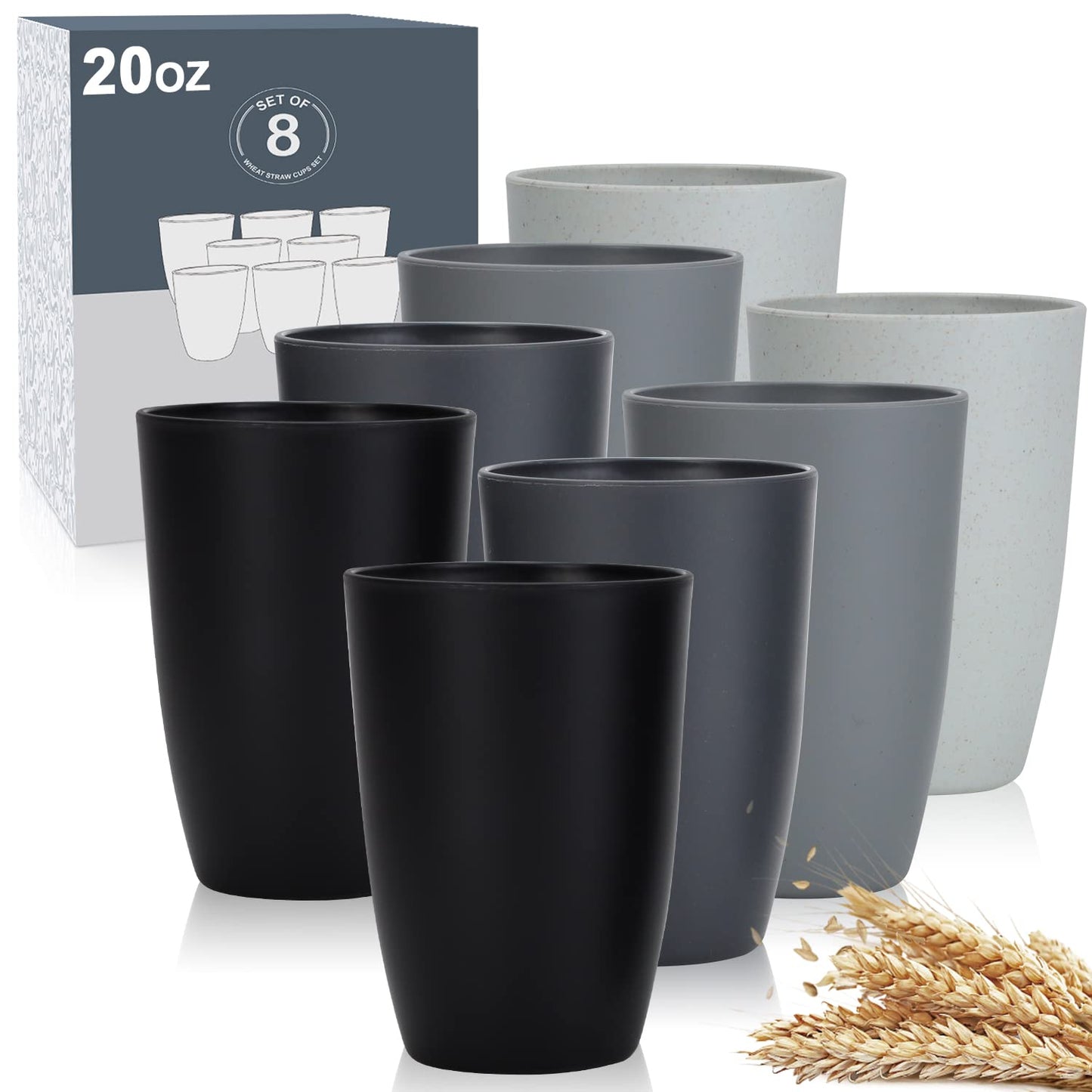 Wheat Straw Cups 8 PCS Good Alternative to Plastic Reusable Cups 20 oz Unbreakable Drinking Cup Reusable Dishwasher Safe Water Plastic Glasses Colorful Series