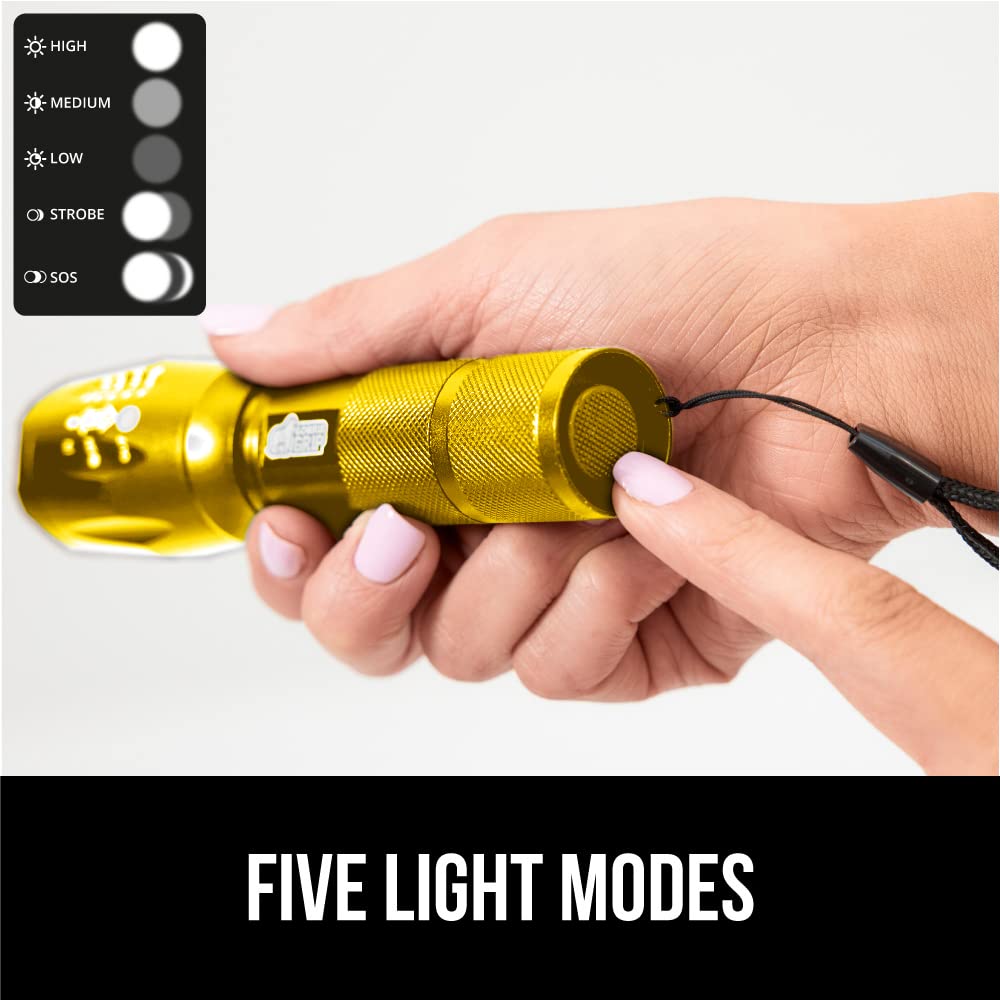 Gorilla Grip Leistungsstarke LED-Taschenlampe, 237 m, wasserfest, 5 einstellbare Modi, taktische Taschenlampe, hohe Lumen, ultrahelle Akku-Zoom-Taschenlampen, kleines Mini-Taschenlampen-Zubehör fürs Campingauto, 2er-Pack, Gold