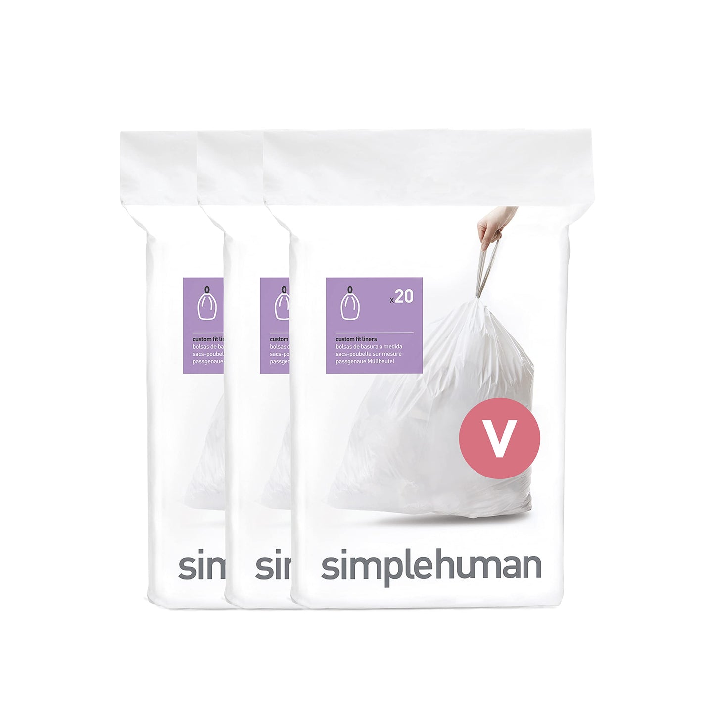 simplehuman Code H 60 Count, Genuine Custom Fit Liners, Drawstring Trash Bags in Dispenser Packs, 30-35 Liter / 8-9.2 Gallon, White