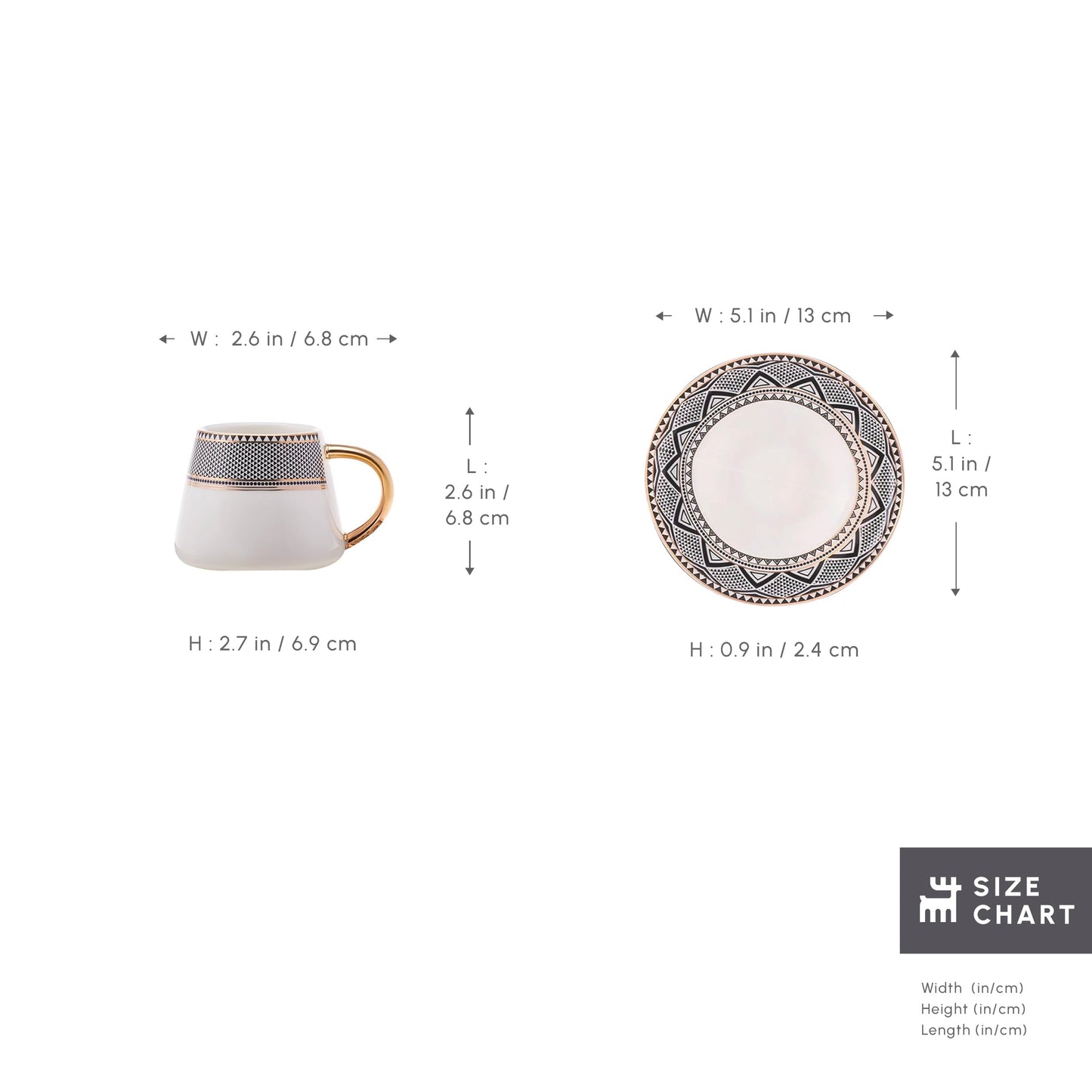 KARACA Globe Turkish Coffee Cup Set of 6, 80ml, 2.7 oz, Small Espresso Cups with Saucers, Porcelain, Black Patterns and Gold Handles, Ideal for Serving Coffee, Espresso, and Cappuccino