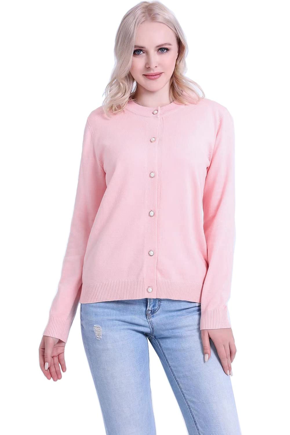 SMILING PINKER Women Cardigan Sweater Crewneck Pearl Button Knitted Tops Medium Weight