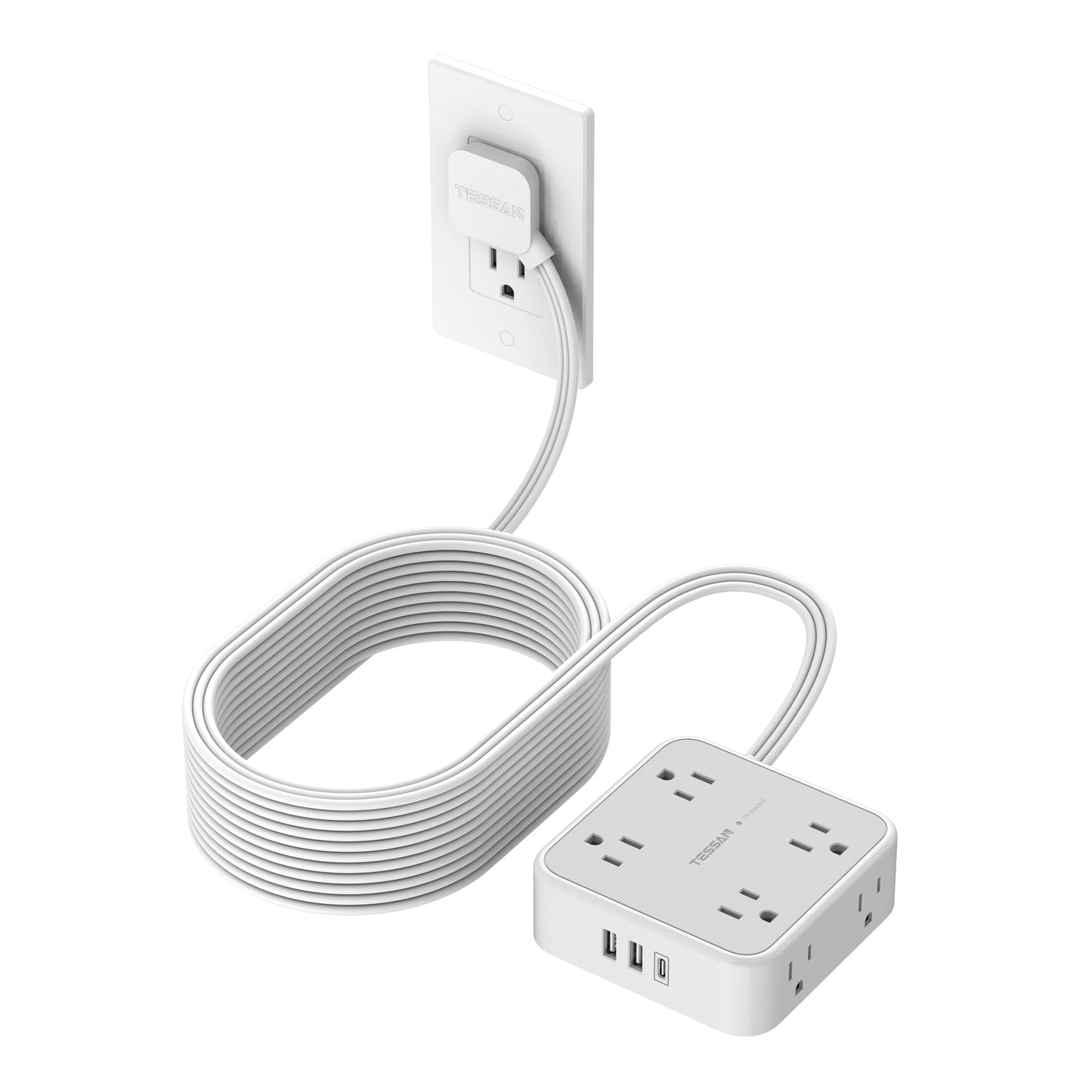 Surge Protector Flat Extension Cord Flat Plug Power Strip, 8 AC Outlets, 3 USB Charger(1 USB C Port) 3-Sided Outlet Extender, 5 Ft, 900 Joules Protection