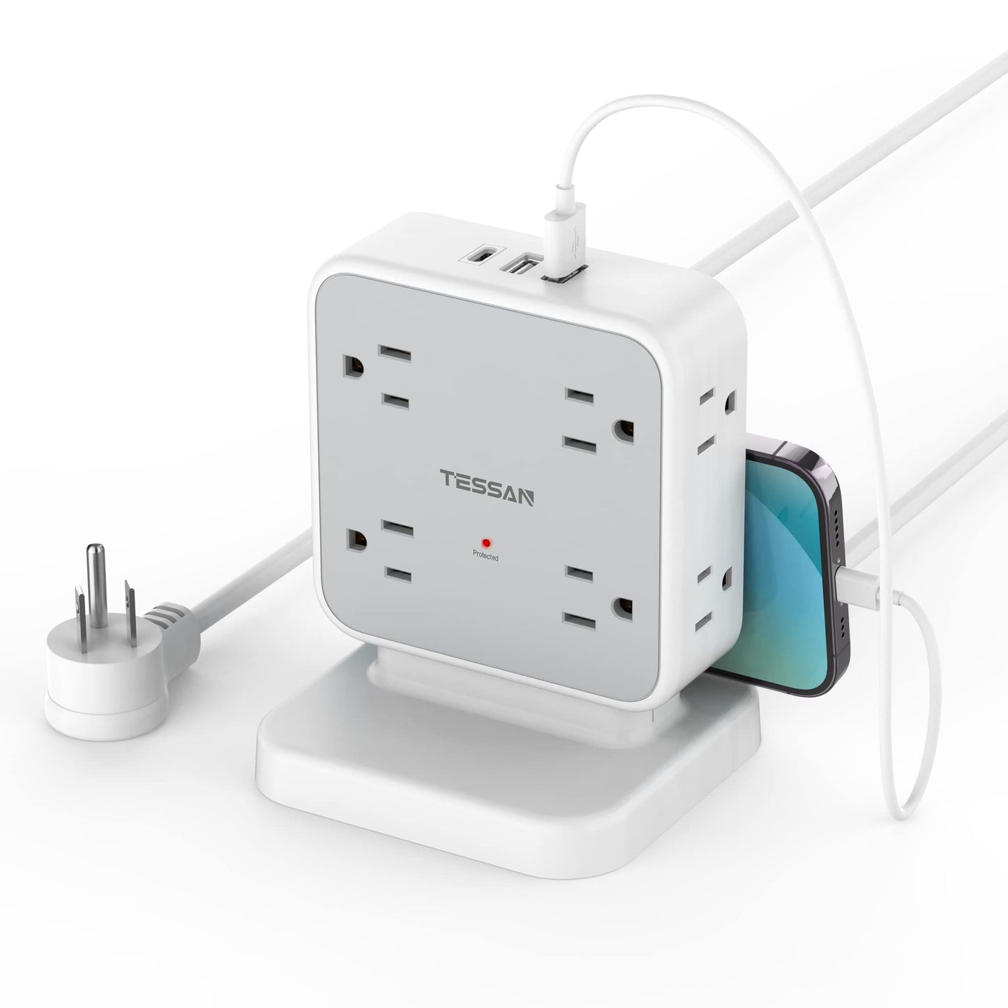 Surge Protector Flat Extension Cord Flat Plug Power Strip, 8 AC Outlets, 3 USB Charger(1 USB C Port) 3-Sided Outlet Extender, 5 Ft, 900 Joules Protection