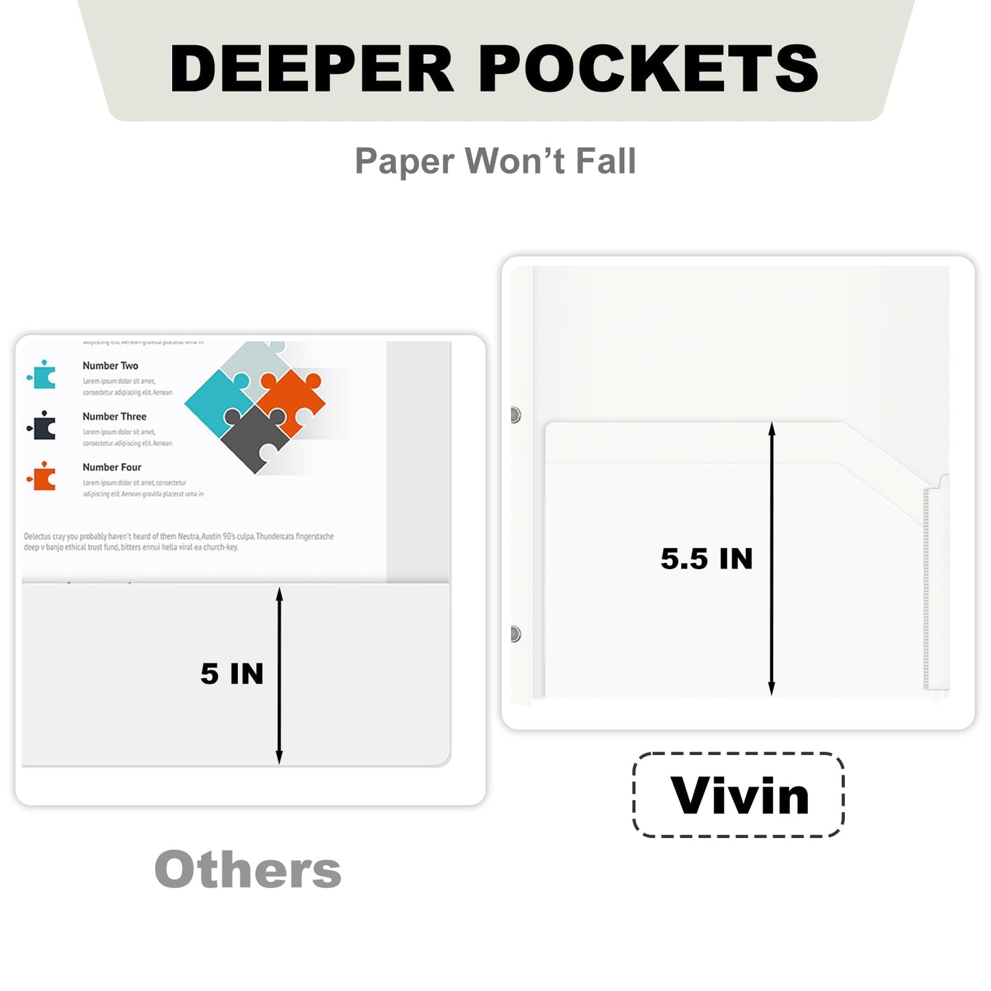 Chemises en plastique épais ViVin avec pochettes et broches, deux poches, poche avant transparente et onglets de maintien, lot de 6, pour papier au format lettre US, pour l'école et le bureau - Blanc