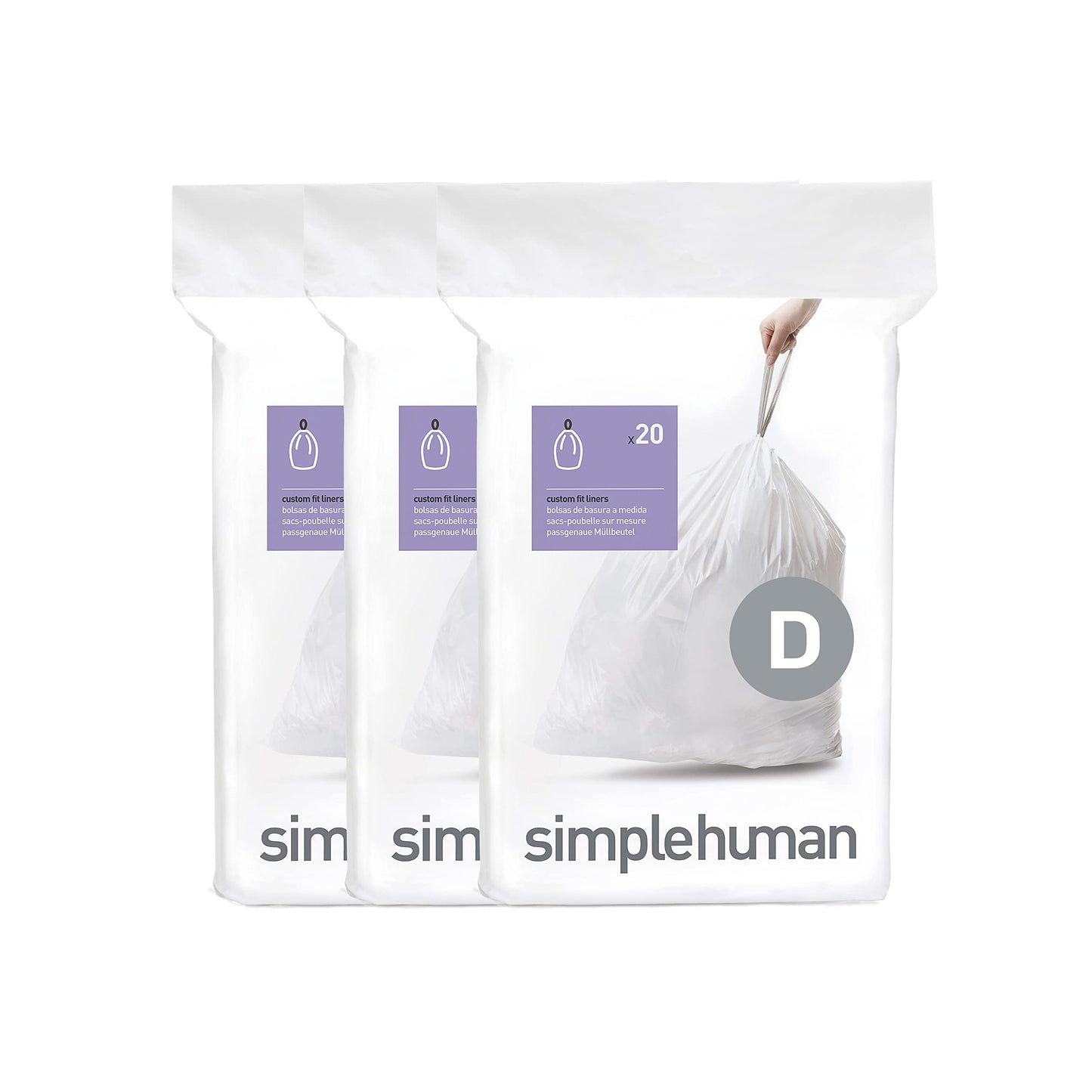 simplehuman Code H 60 Count, Genuine Custom Fit Liners, Drawstring Trash Bags in Dispenser Packs, 30-35 Liter / 8-9.2 Gallon, White