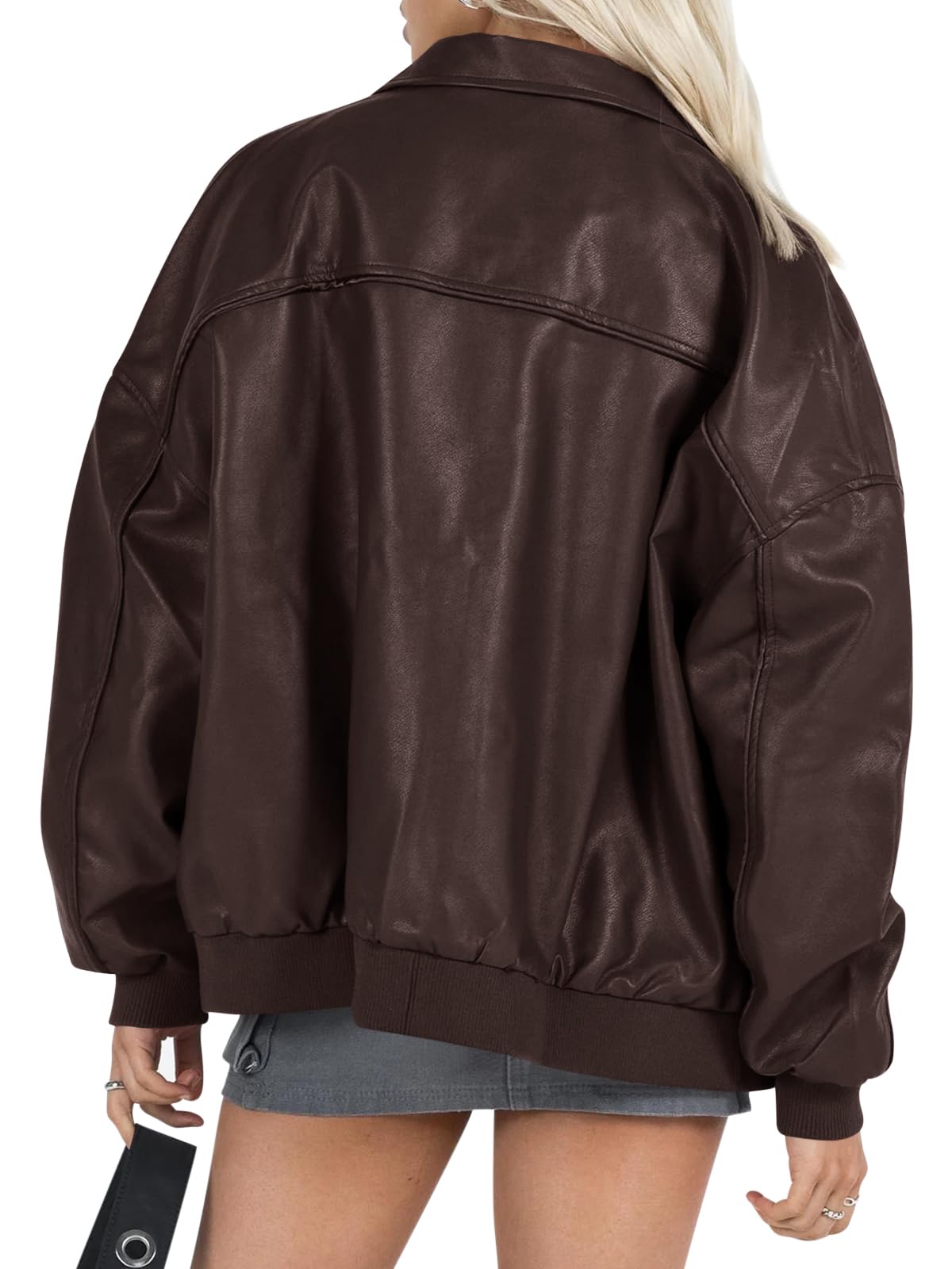 Tankaneo Womens Faux Leather Jackets Oversized Bomber Casual Fall Fashion Zip Up Moto Biker Coats