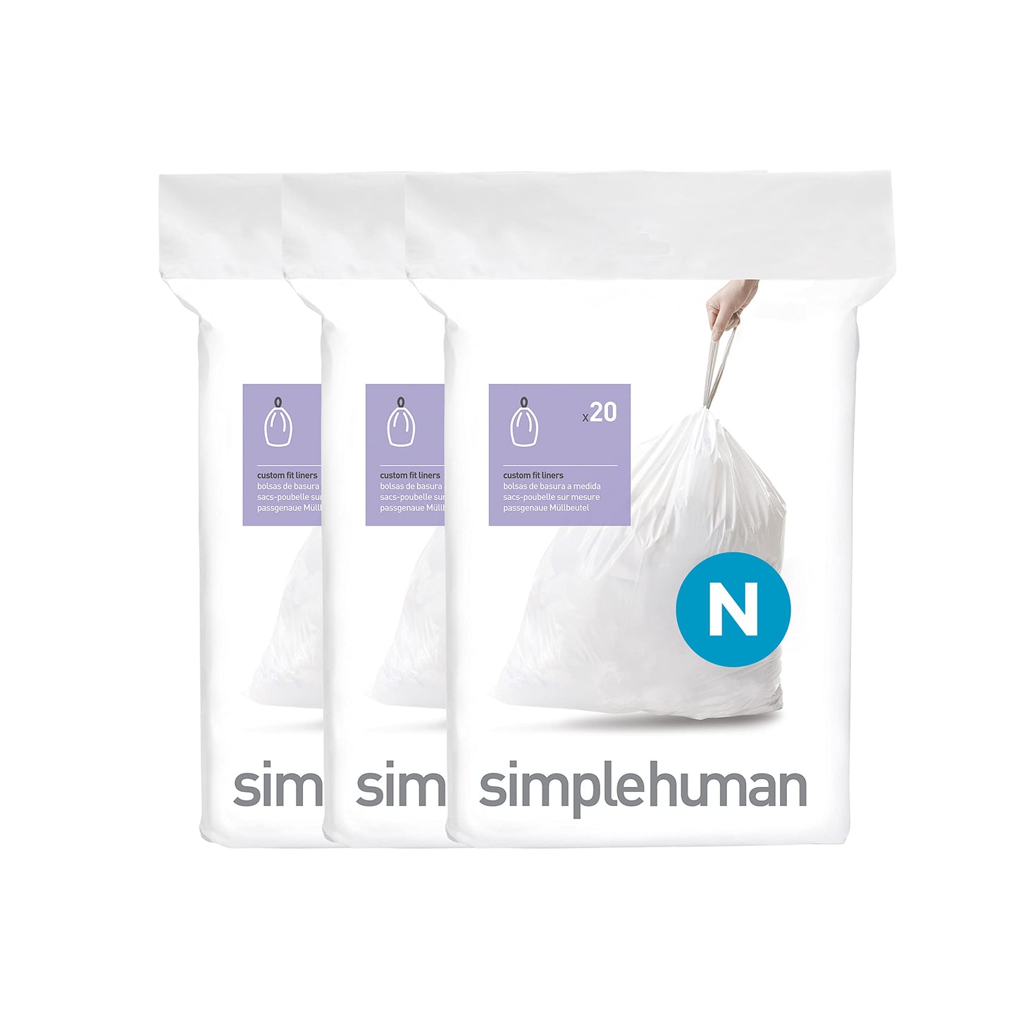 simplehuman Code H 60 Count, Genuine Custom Fit Liners, Drawstring Trash Bags in Dispenser Packs, 30-35 Liter / 8-9.2 Gallon, White