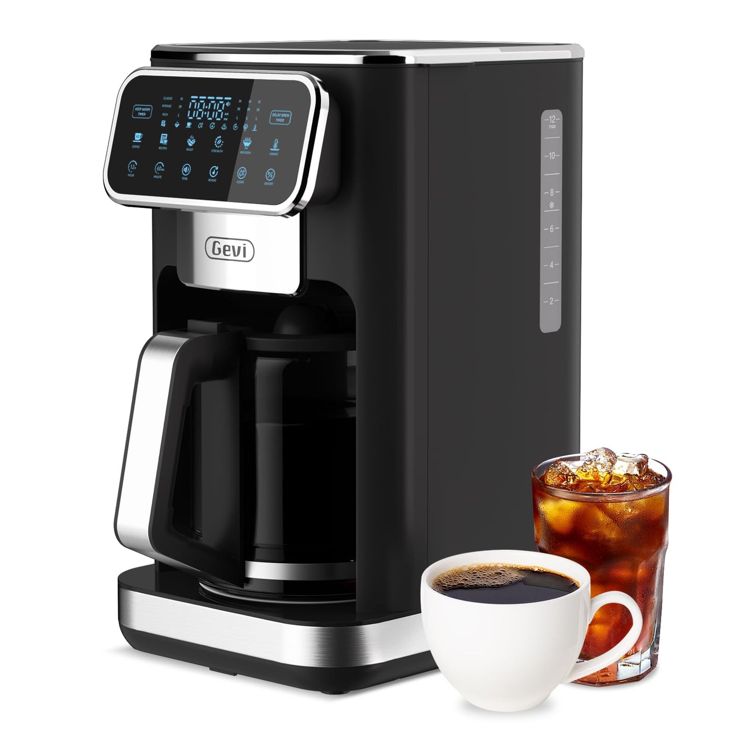 Gevi programmierbare Filterkaffeemaschine für 12 Tassen mit Touchscreen, schnelles und starkes Brühen, automatische Abschaltung, 4-Stunden-Warmhalteplatte, Eiskaffee-Option, Tropfschutzsystem, Permanentfilter