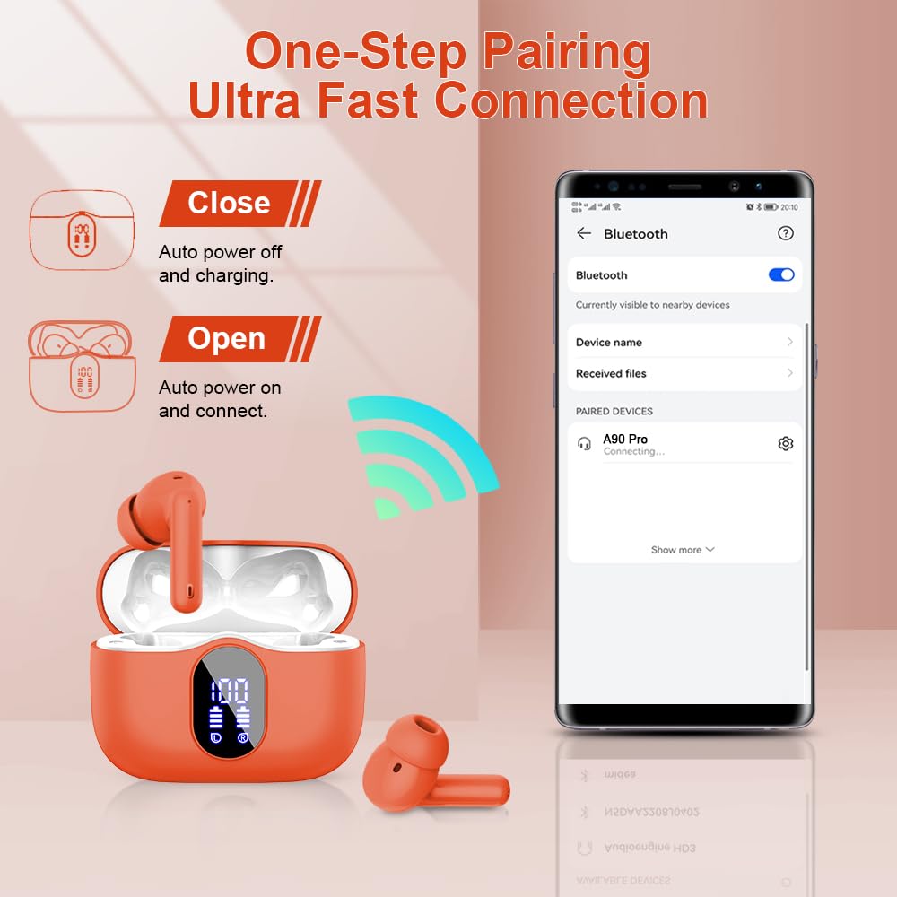Wireless Earbuds Bluetooth 5.4 Headphones Bass Stereo Ear Buds with Noise Cancelling Mic LED Display in Ear Earphones IP7 Waterproof 36H Playtime for Laptop Pad Phones Sports Workout White