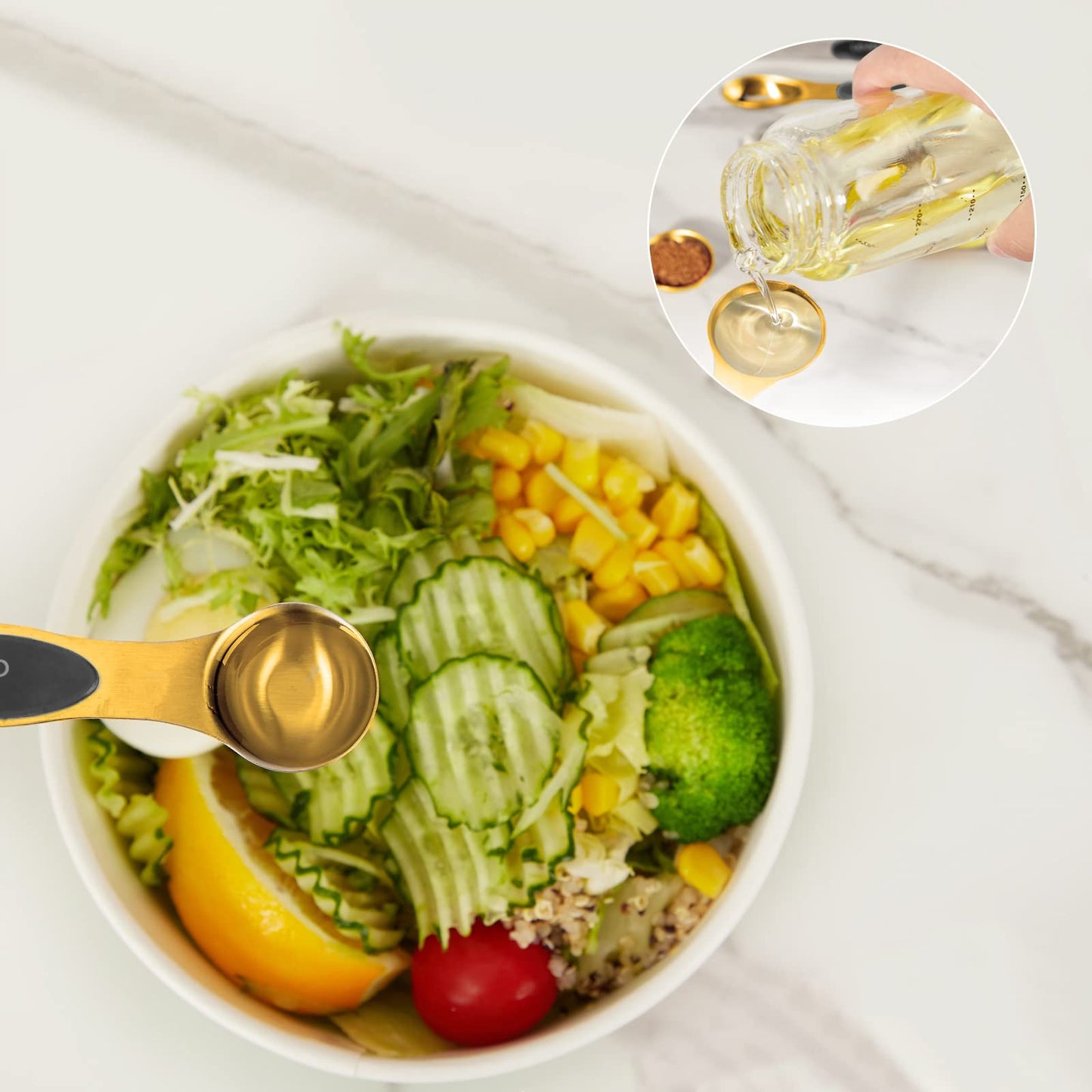 Goldfarbenes Messbecher- und Löffel-Set, 15 Stück, 18/8 Edelstahl, inkl. 7 ineinander stapelbaren Messbechern aus Metall, 8 magnetischen Messlöffeln – ideale Küchenhelfer zum Kochen und Backen