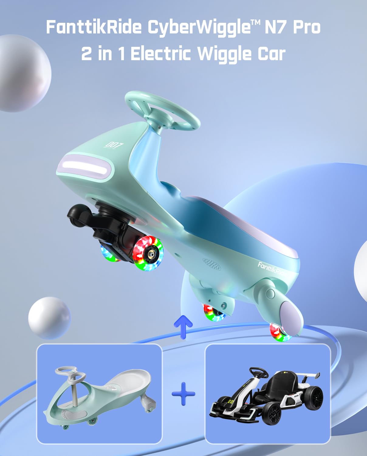 12V N7 Pro Electric Wiggle Car – Pedal-Powered Fun for Kids, Lights & Bluetooth Ride-On (by Fanttik)