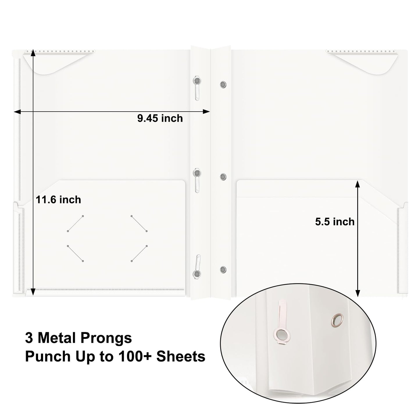 Chemises en plastique épais ViVin avec pochettes et broches, deux poches, poche avant transparente et onglets de maintien, lot de 6, pour papier au format lettre US, pour l'école et le bureau - Blanc