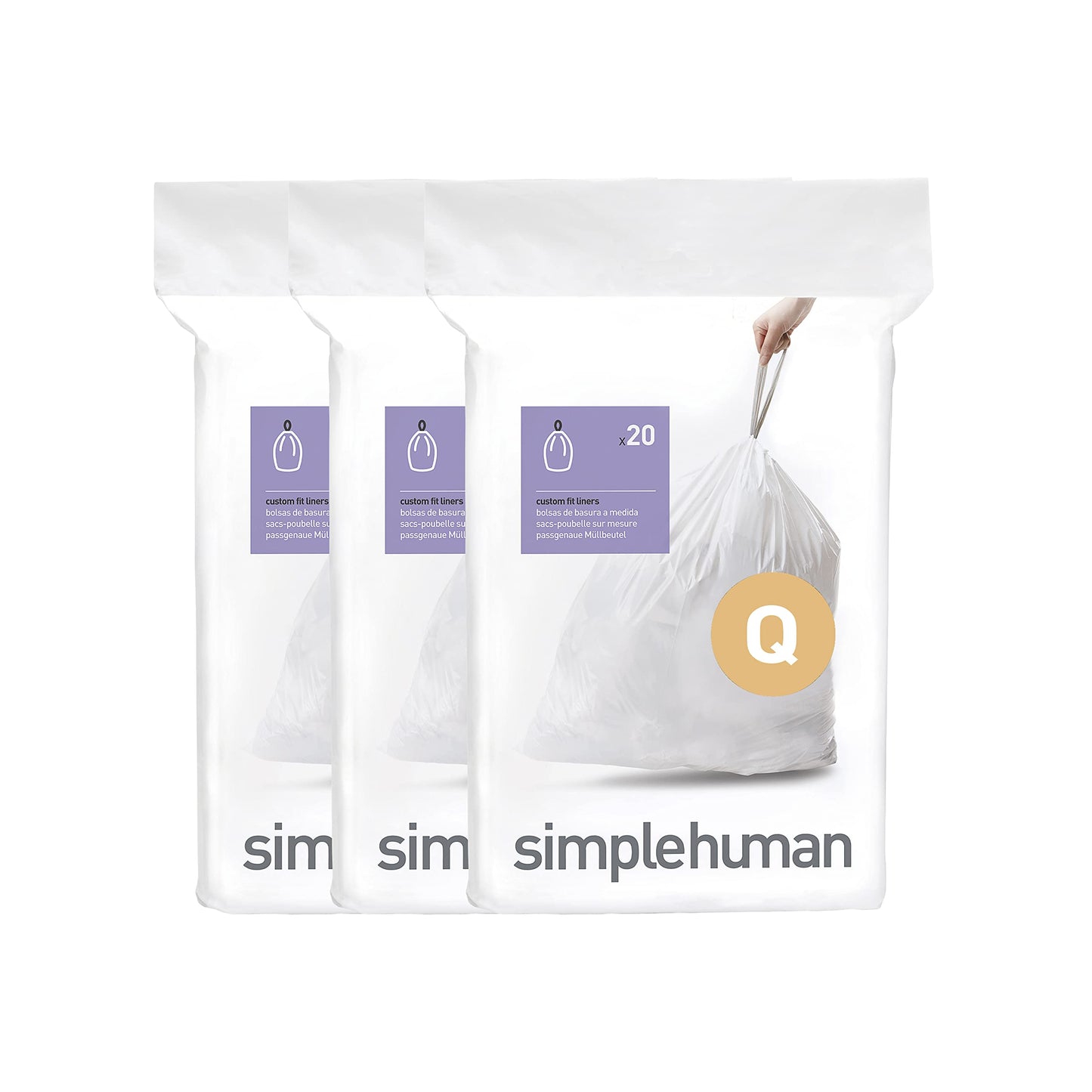 simplehuman Code H 60 Count, Genuine Custom Fit Liners, Drawstring Trash Bags in Dispenser Packs, 30-35 Liter / 8-9.2 Gallon, White