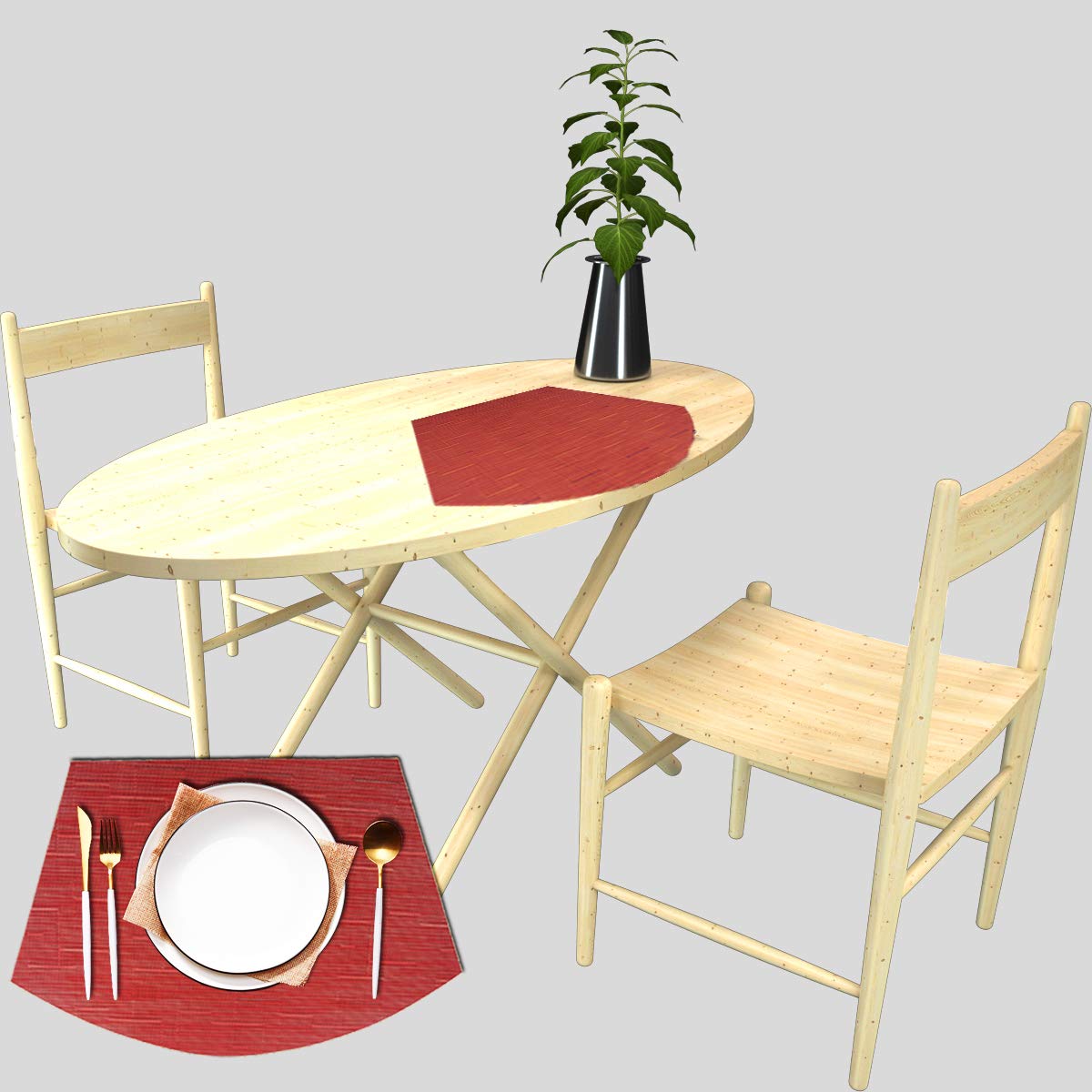 PIGCHCY Keilförmige Tischsets für den Esstisch, kreuzgewebt, waschbares Vinyl-Tischset, hitzebeständig, runde Tischsets, 4er-Set (Silbergrau)