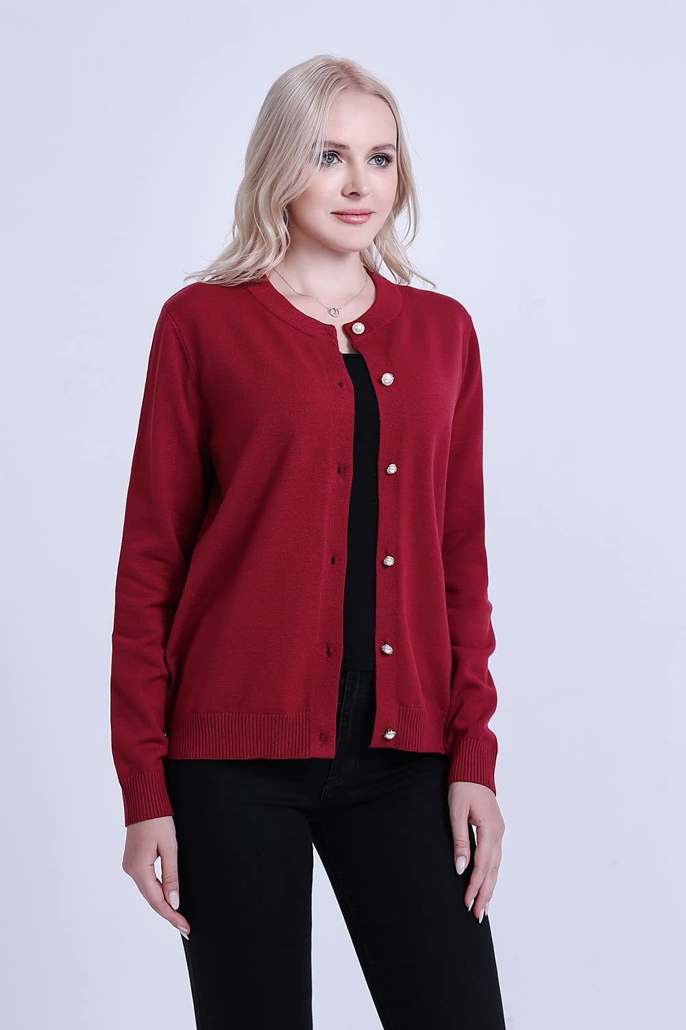 SMILING PINKER Women Cardigan Sweater Crewneck Pearl Button Knitted Tops Medium Weight
