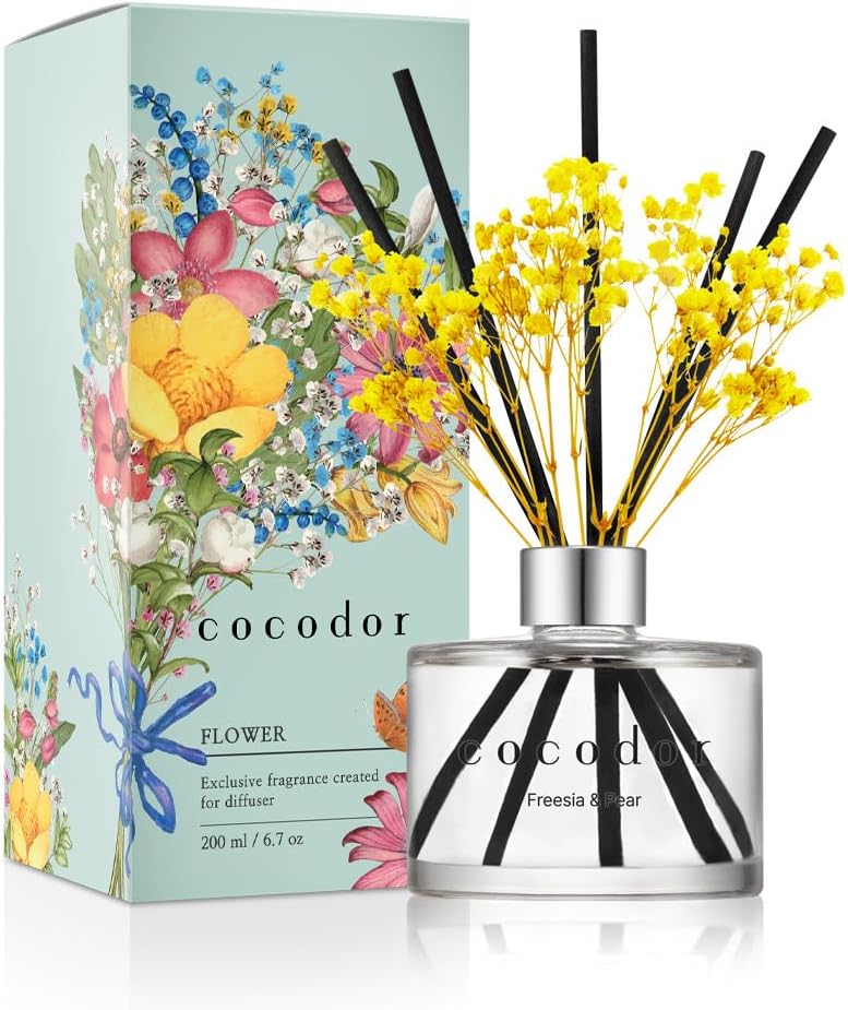 COCODOR Flower Reed Diffuser Set / 6.7oz / White Jasmine/Scent Diffuser with Sticks Home Fragrance Reed Diffuser for Bathroom Shelf Decor