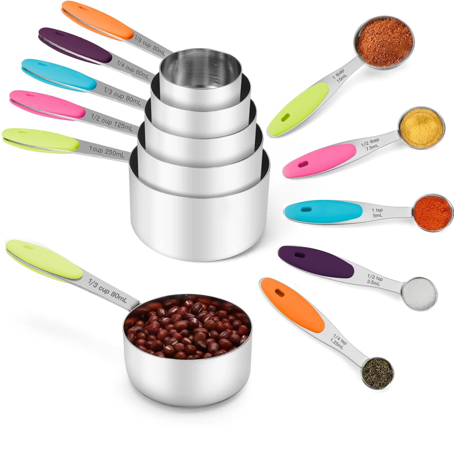 Ensemble de 10 tasses et cuillères à mesurer en acier inoxydable Joyhill, ensemble de tasses à mesurer emboîtables en métal avec poignées en silicone doux au toucher pour ingrédients secs et liquides, cuisine et pâtisserie (noir)