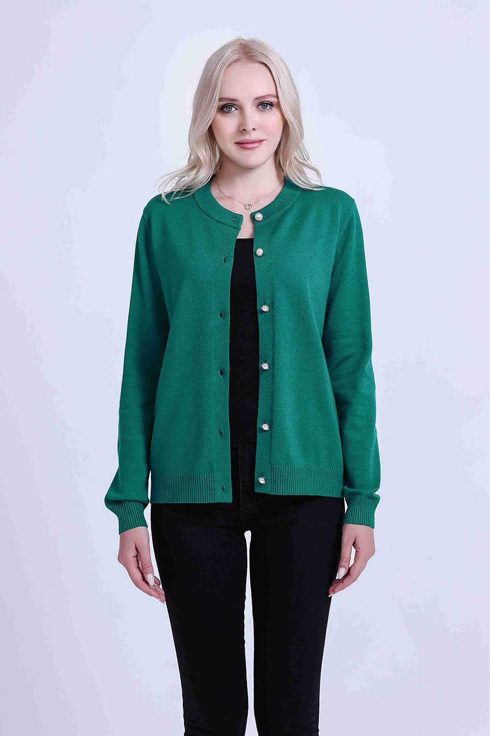 SMILING PINKER Women Cardigan Sweater Crewneck Pearl Button Knitted Tops Medium Weight