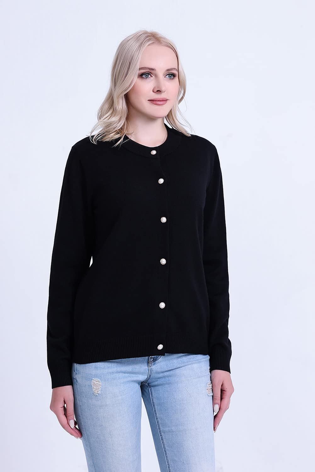 SMILING PINKER Women Cardigan Sweater Crewneck Pearl Button Knitted Tops Medium Weight